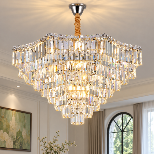 Candelabru Cristal ADAMA Regalis, 14x E14, Diametru 80cm, Crom Lucios, Inaltime Reglabila