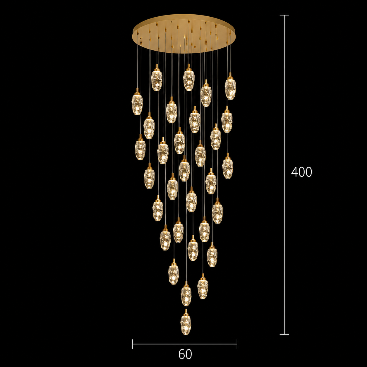 Candelabru Cristal AROHA LED cu Telecomanda, Suspendat, 30 Surse, 90W, Lumina Calda/Neutra/Rece, Diametru 60cm, Inaltime Reglabila, Auriu, Metal si Cristal