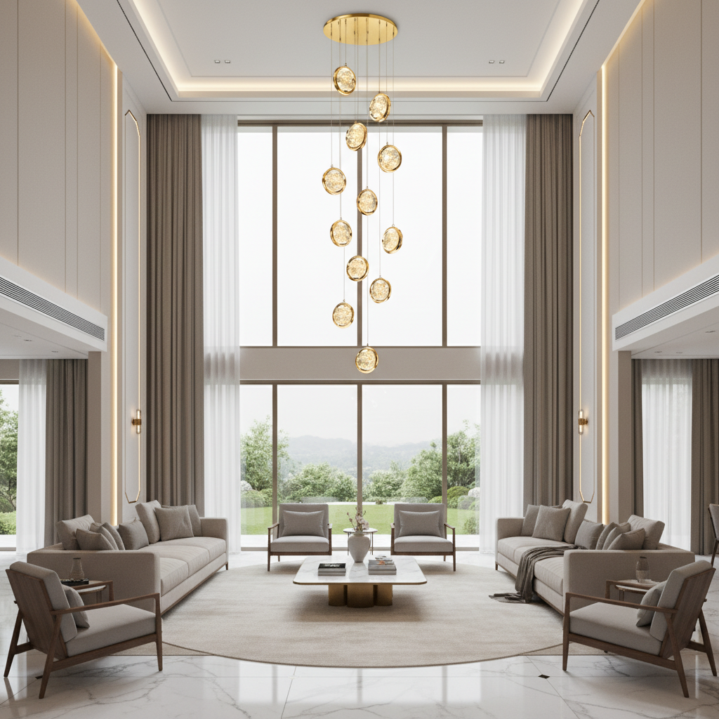Candelabru Cristal FRAME LED cu Telecomanda, Suspendat, 12 Surse, 36W, Diametru 40cm, Lumina Calda / Neutra / Rece, Inaltime Reglabila, Auriu, Metal si Cristal