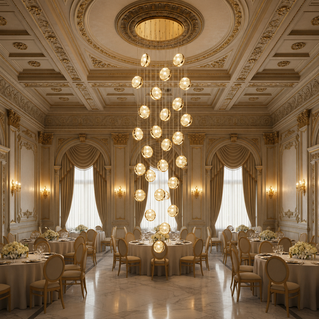 Candelabru Cristal FRAME LED cu Telecomanda, Suspendat, 30 Surse, 90W, Diametru 60cm, Inaltime Reglabila, Auriu, Metal si Cristal