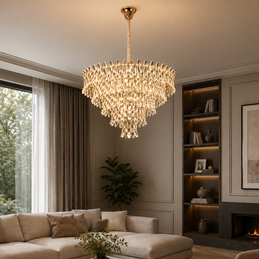Candelabru Cristal KRAN Magno, 12xE14, Inaltime Reglabila, Metal si Cristal, Auriu