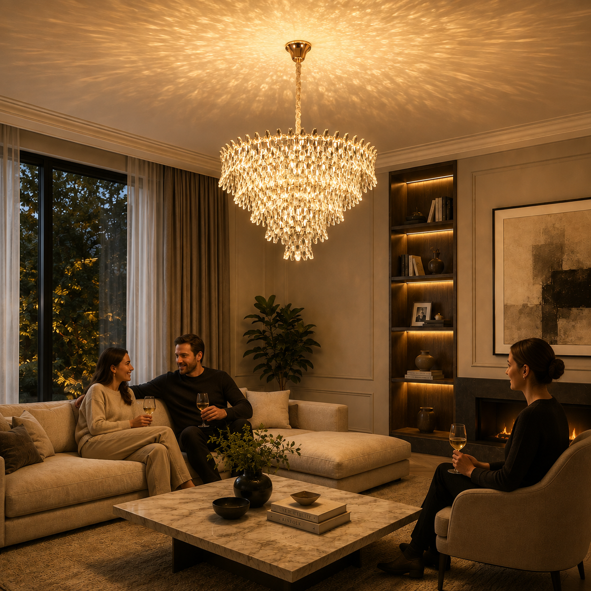Candelabru Cristal KRAN Magno, 12xE14, Inaltime Reglabila, Metal si Cristal, Auriu