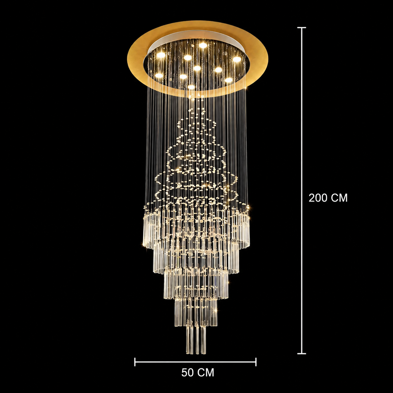 Candelabru Cristal LED 80W AUGUSTA Auriu, Diametru 50cm, Inaltime 200cm, Model Scara