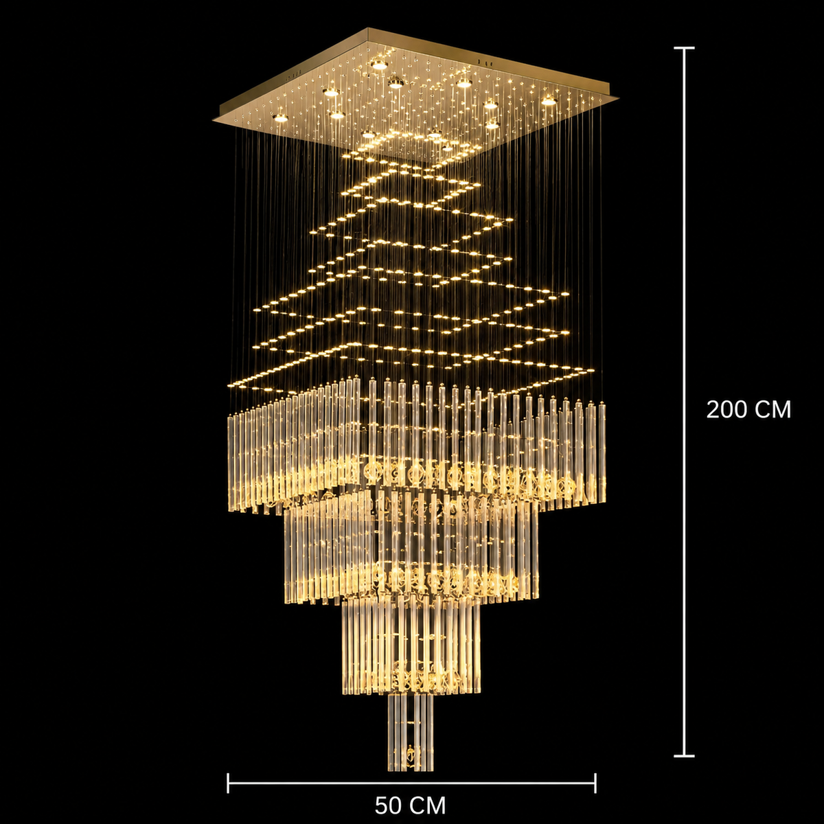 Candelabru Cristal LED 80W FLORENTIA Auriu, Diametru 50cm, Inaltime 200cm, Model Scara