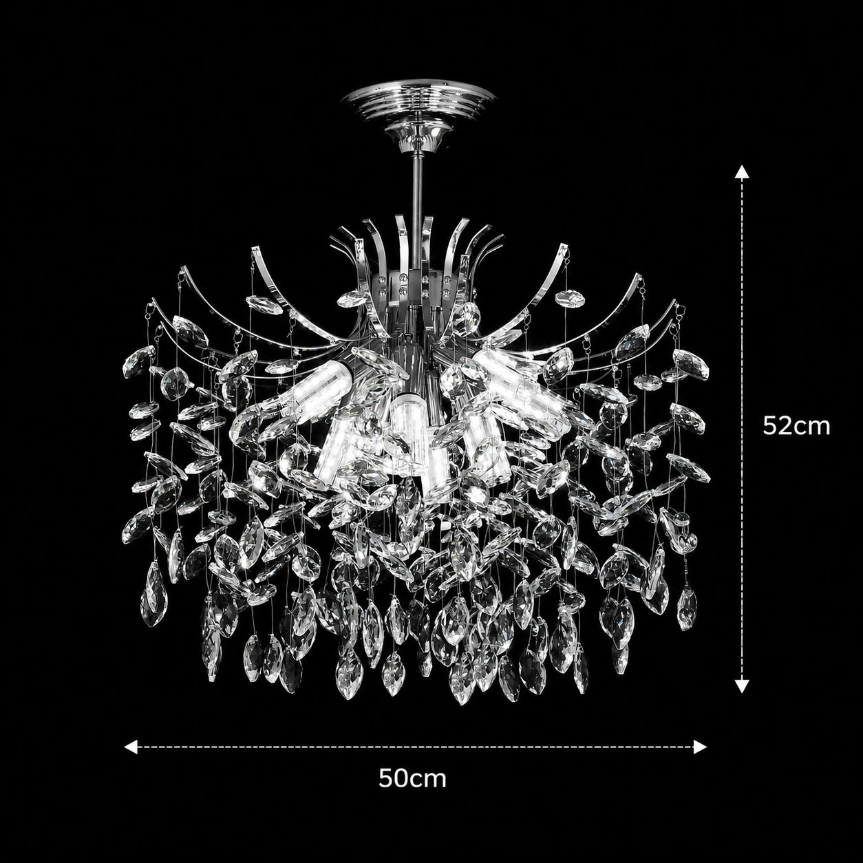 Candelabru Cristal PROWES Eleganza, 8xE14, D50 cm, Crom Lucios, Inaltime Reglabila, Metal si Cristal