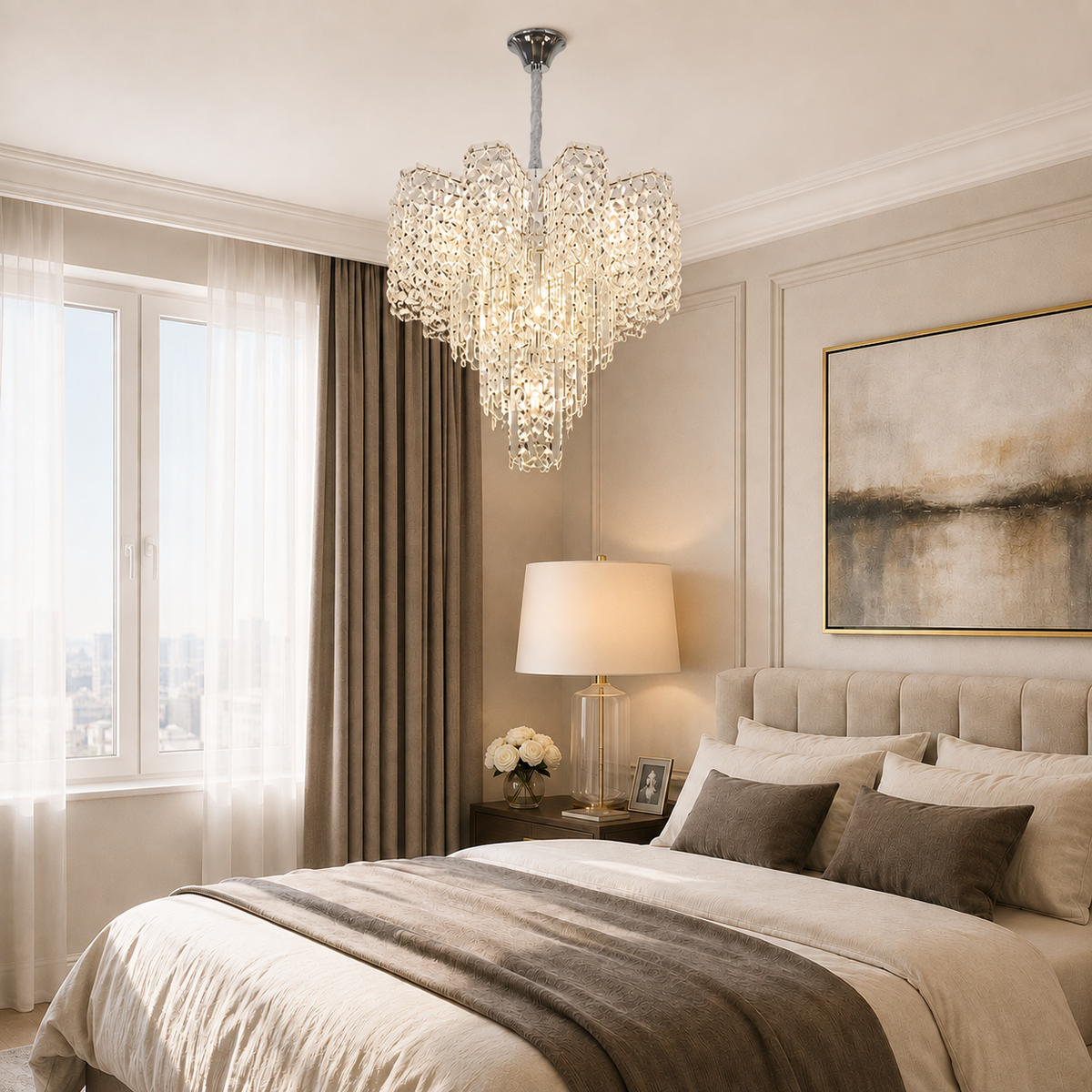 Candelabru Cristal TAGISH Magno 16xE14, Diametru 60cm, Metal si Cristal, Crom Lucios, Inaltime Reglabila