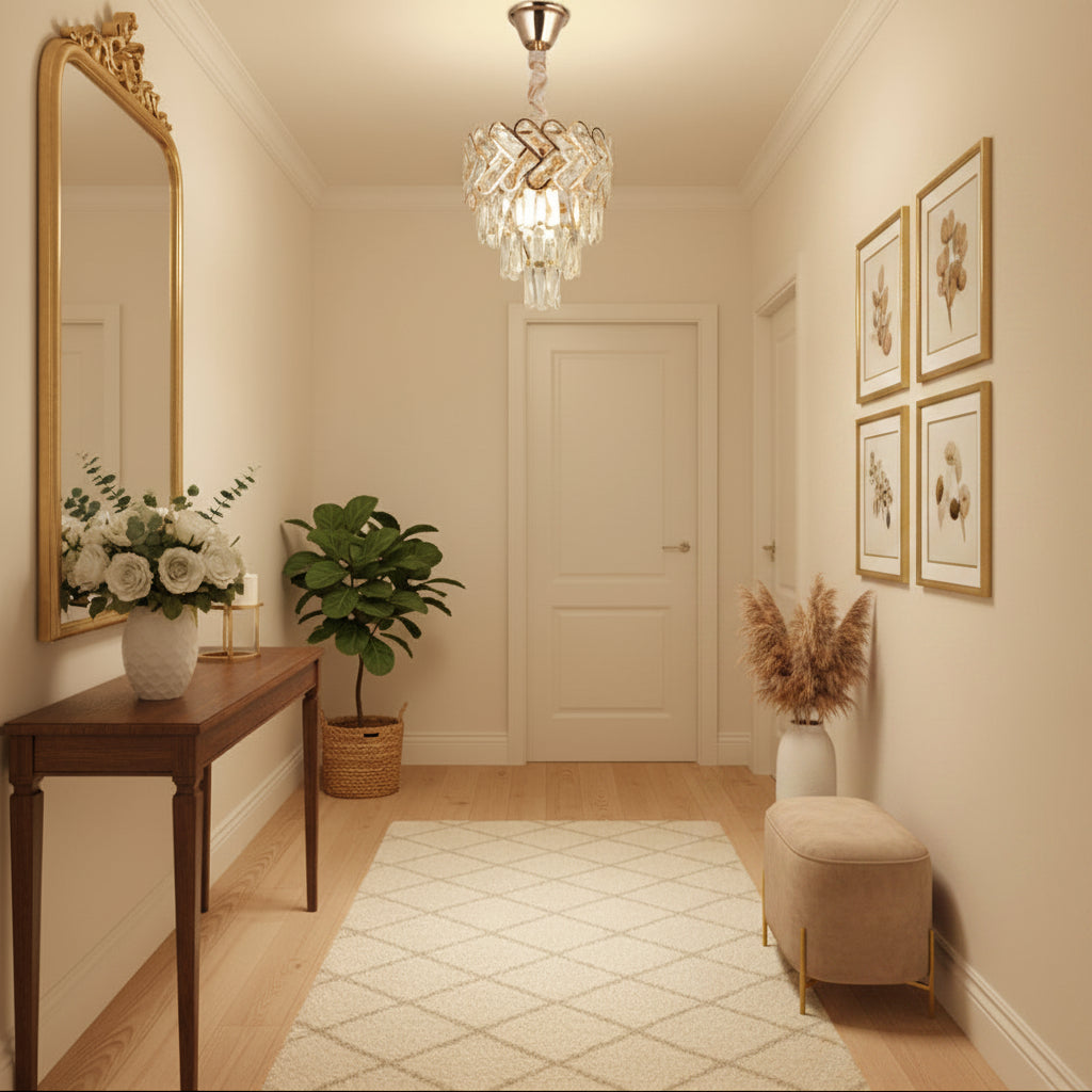 Candelabru Cristal VECTOR Petito 3xE14, Diametru 28cm, Auriu Lucios, Inaltime Reglabila, Metal si Cristal