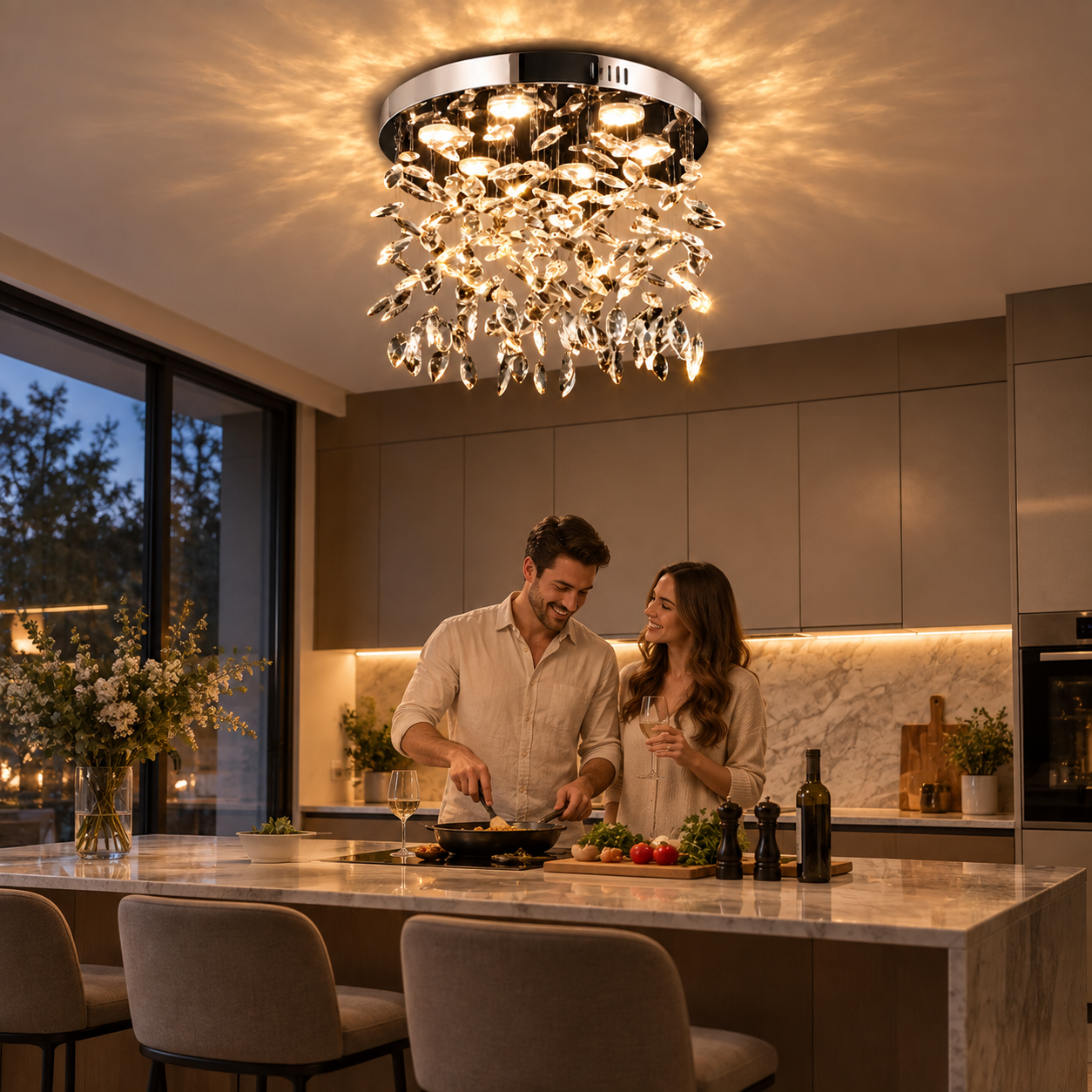 Candelabru LED Cristal LLC210/400CH Rotund, 22W, Lumina Rece/Calda/Neutra, Cristal, Crom Lucios
