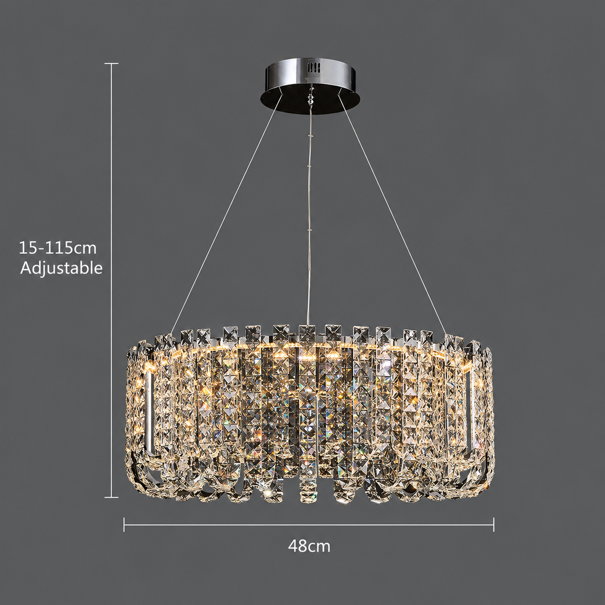 Candelabru LED Cristal TURKMENABAT Eleganza, Ø48cm, 27W, Lumina Rece/Calda/Neutra, Metal si Cristal, Crom Lucios, Inaltime Reglabila