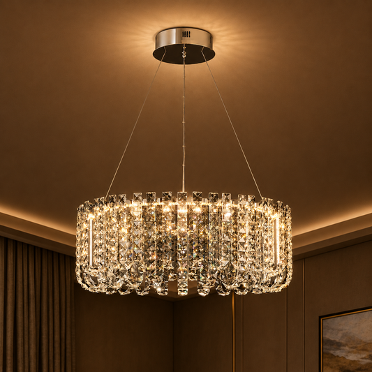 Candelabru LED Cristal TURKMENABAT Magno, Ø58cm, 35W, Lumina Rece/Calda/Neutra, Metal si Cristal, Crom Lucios, Inaltime Reglabila