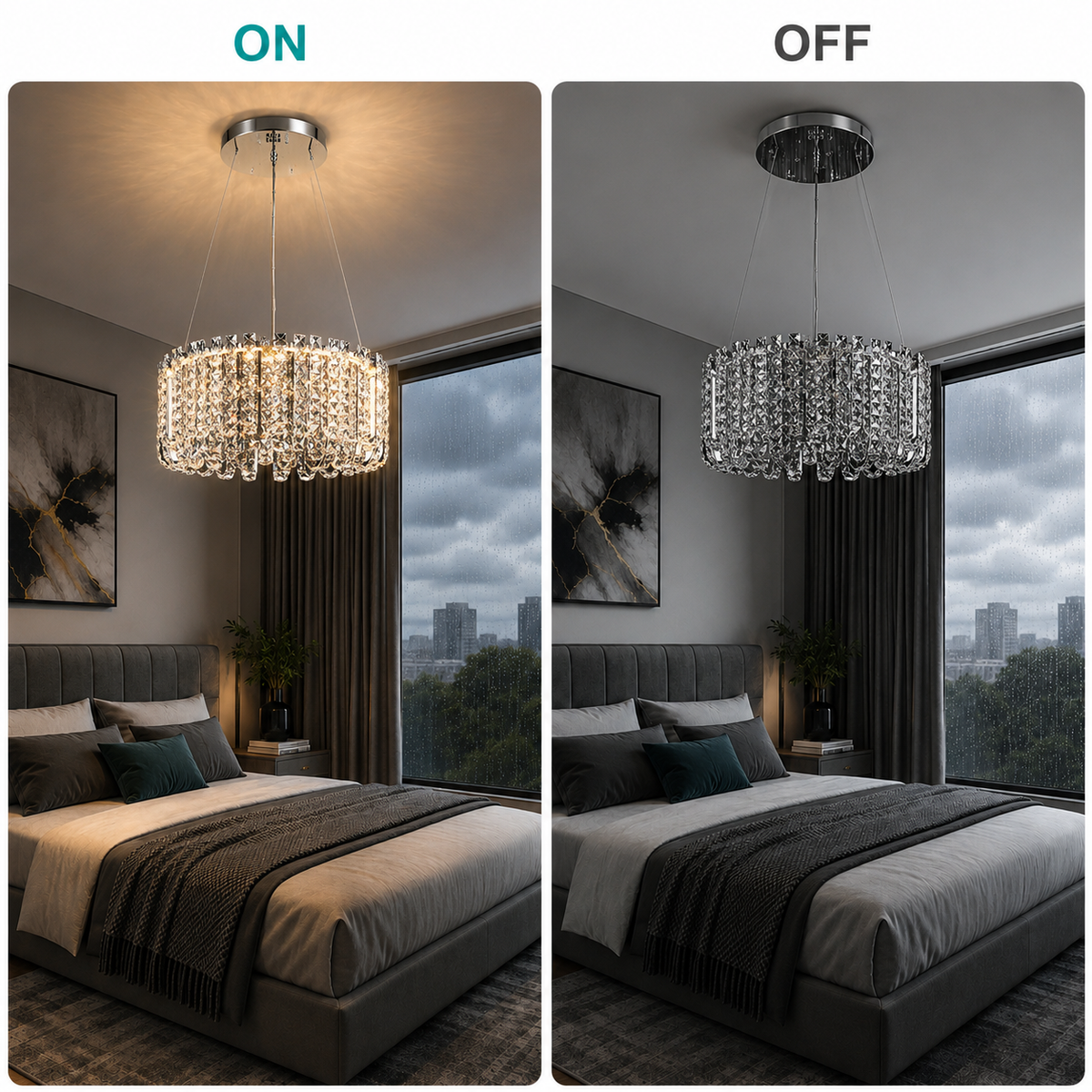 Candelabru LED Cristal TURKMENABAT Eleganza, Ø48cm, 27W, Lumina Rece/Calda/Neutra, Metal si Cristal, Crom Lucios, Inaltime Reglabila