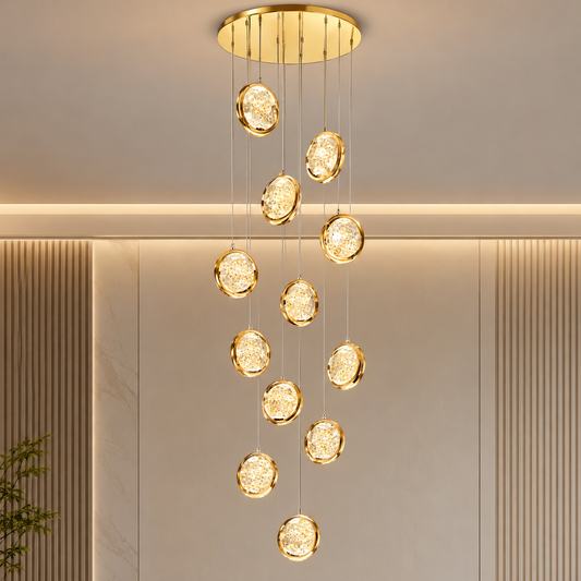 Candelabru Cristal FRAME LED cu Telecomanda, Suspendat, 12 Surse, 36W, Diametru 40cm, Lumina Calda / Neutra / Rece, Inaltime Reglabila, Auriu, Metal si Cristal