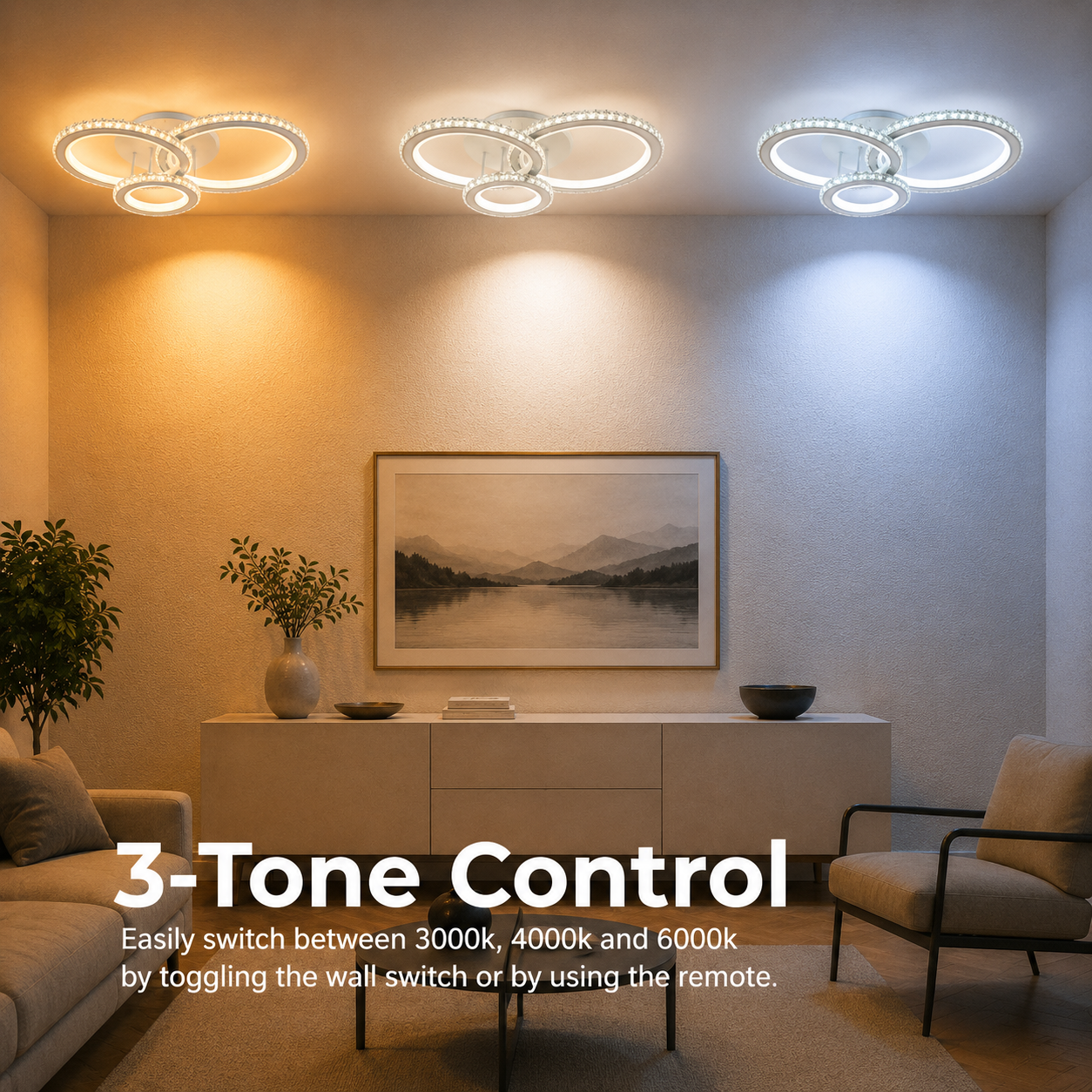 Lustra LED cu telecomanda si cristal NOVA ROTONDA RGB 75W, 3 Cercuri, lumina Rece/Calda/Neutra, Dimabila, Alb