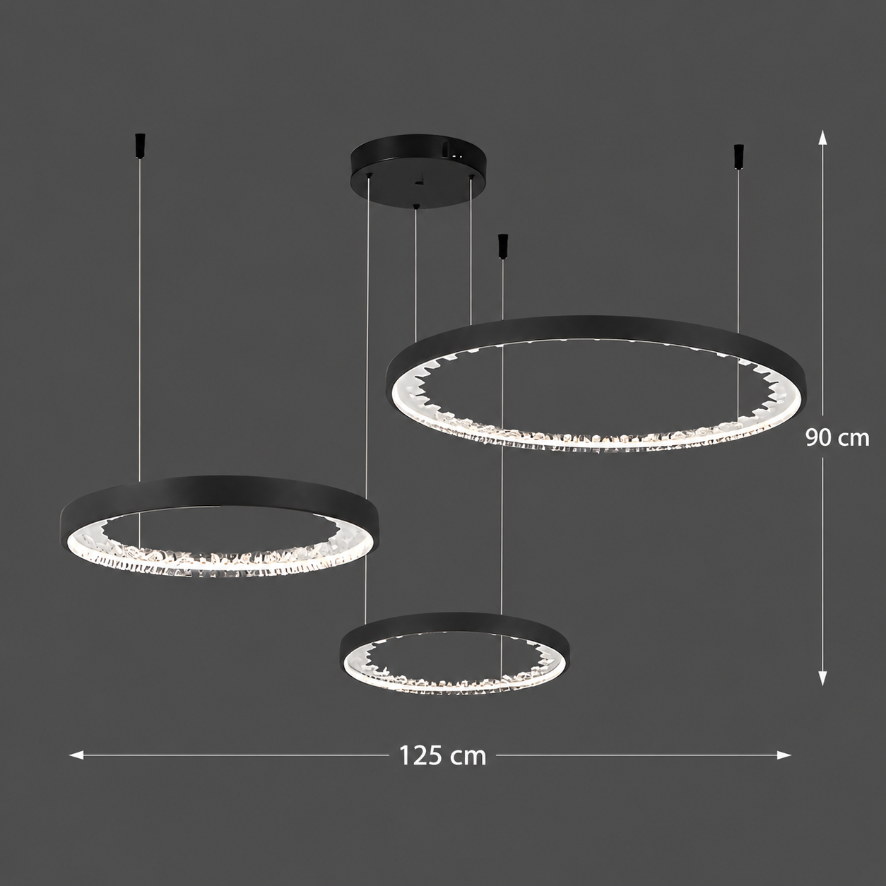 Lustra LED suspendata cu telecomanda, Cristale K9, 117W, 3 Cercuri, lumina Rece/Calda/Neutra, Dimabila, Negru, Inaltime Reglabila