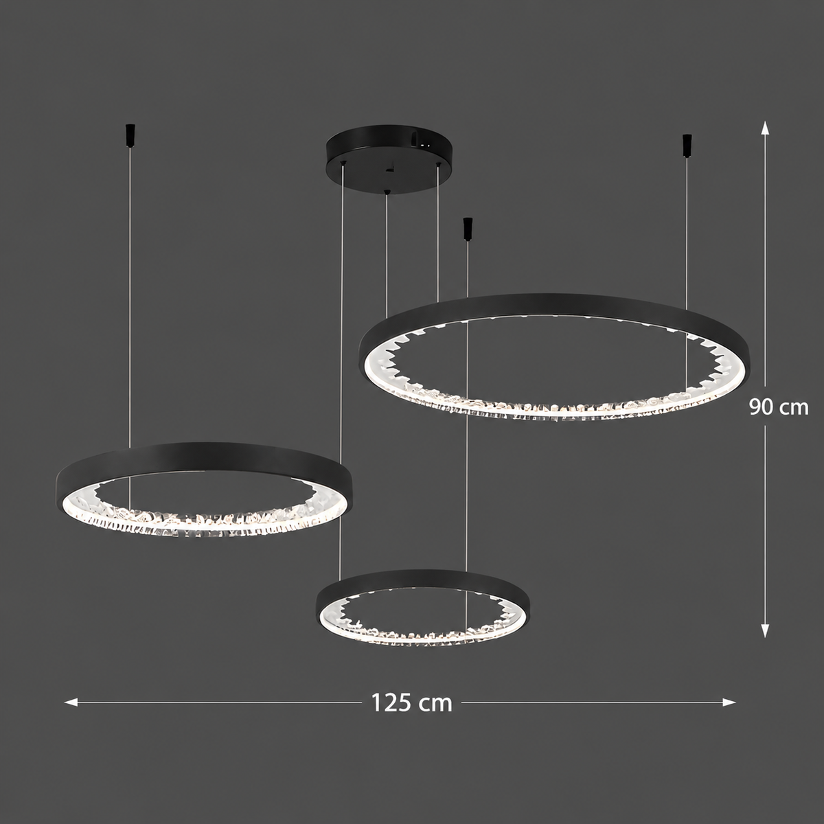 Lustra LED suspendata cu telecomanda, Cristale K9, 117W, 3 Cercuri, lumina Rece/Calda/Neutra, Dimabila, Negru, Inaltime Reglabila