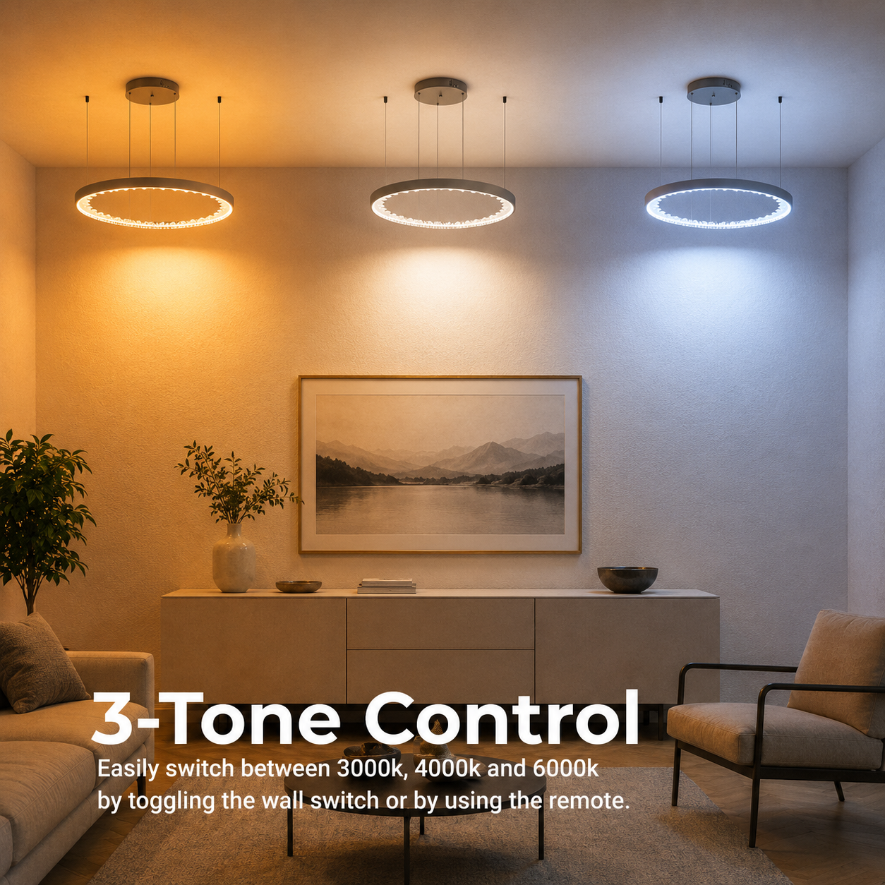 Lustra LED suspendata cu telecomanda, Cristale K9, 117W, 3 Cercuri, lumina Rece/Calda/Neutra, Dimabila, Negru, Inaltime Reglabila