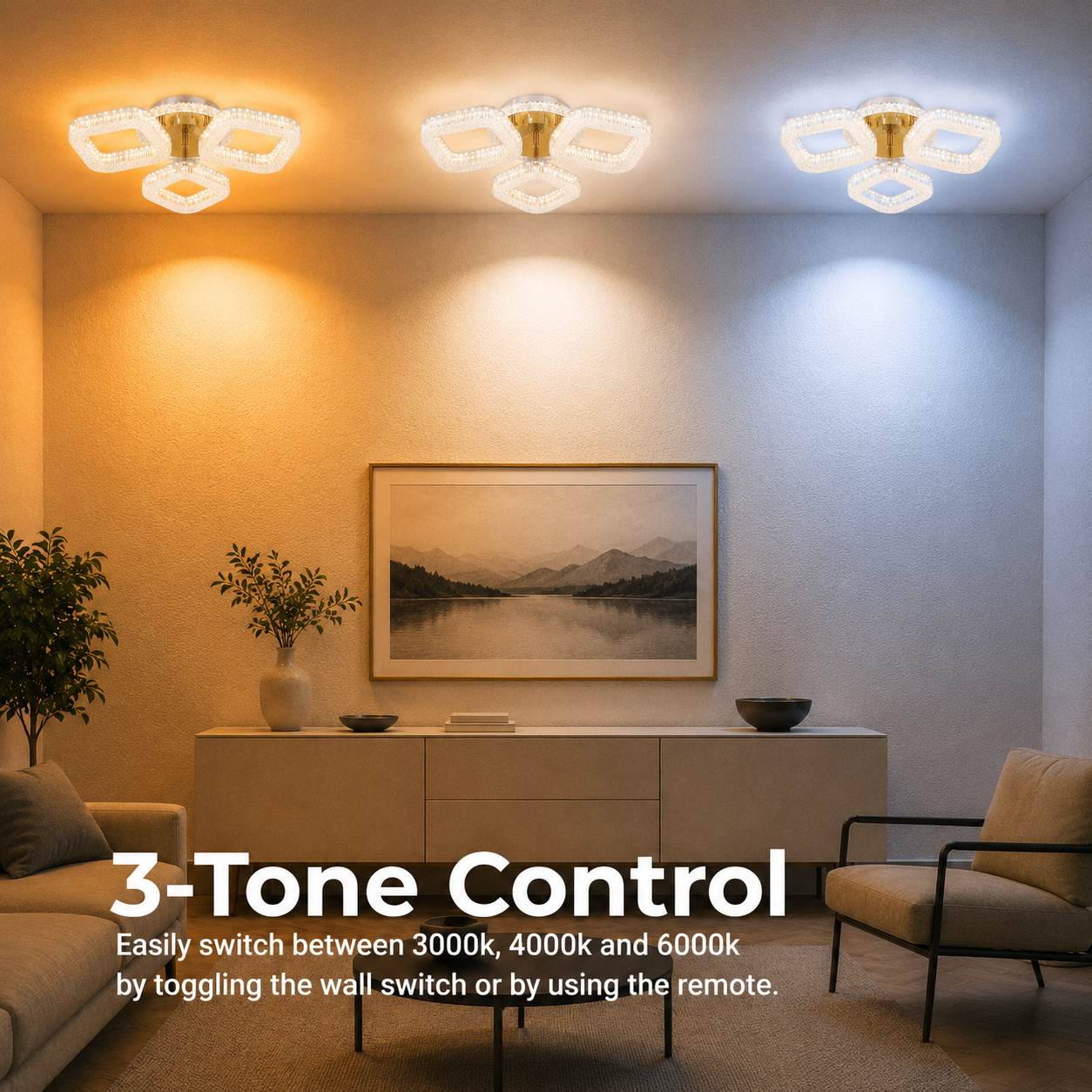 Lustra LED RENATO Nobile cu telecomanda si cristal,  39W, 3 Patrate, Lumina Rece/Calda/Neutra, Dimabila, Auriu