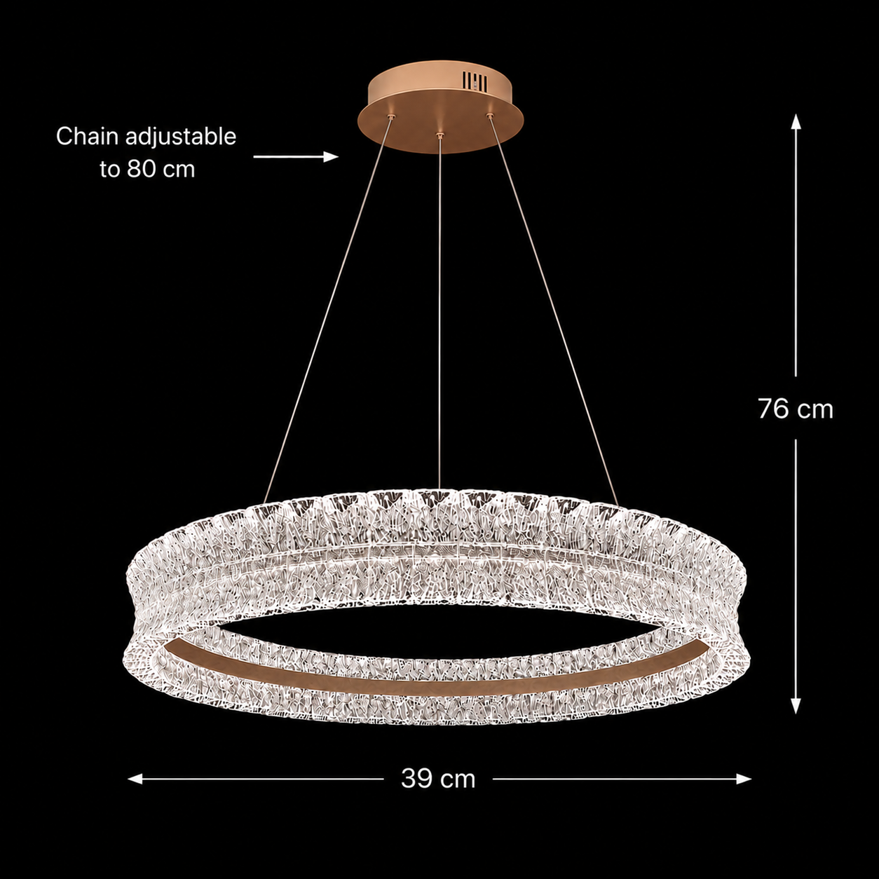Lustra LED Cristal cu telecomanda, 49W, Lumina Calda/Neutra/Rece, Φ40 cm, Inaltime Reglabila, Metal si Cristal, Auriu