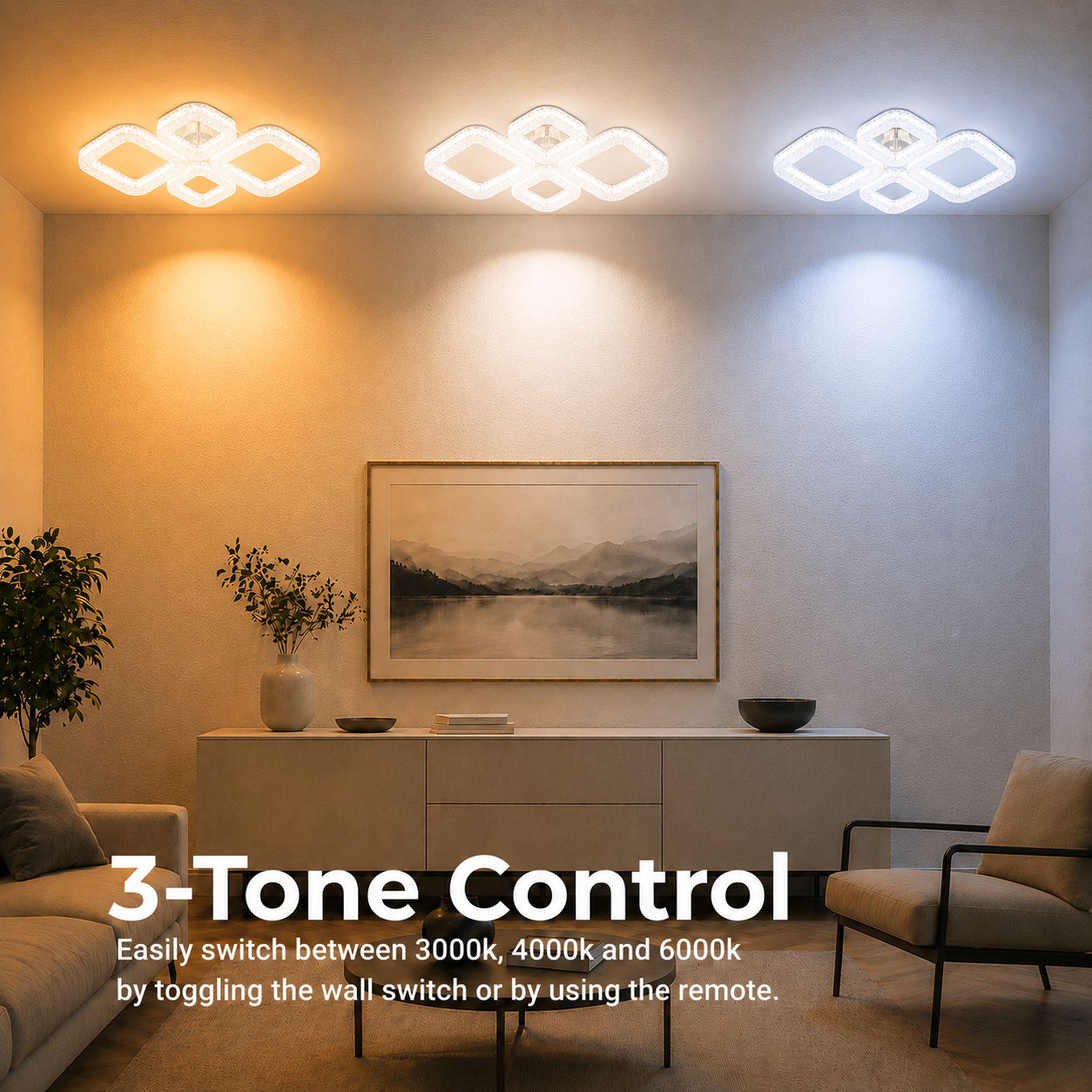 Lustra LED MOND Eleganza cu telecomanda si cristal, 72W, 4 Patrate, Lumina Rece/Calda/Neutra, Dimabila, Alb