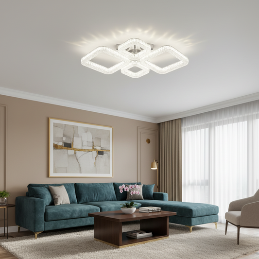Lustra LED MOND Eleganza cu telecomanda si cristal, 72W, 4 Patrate, Lumina Rece/Calda/Neutra, Dimabila, Alb