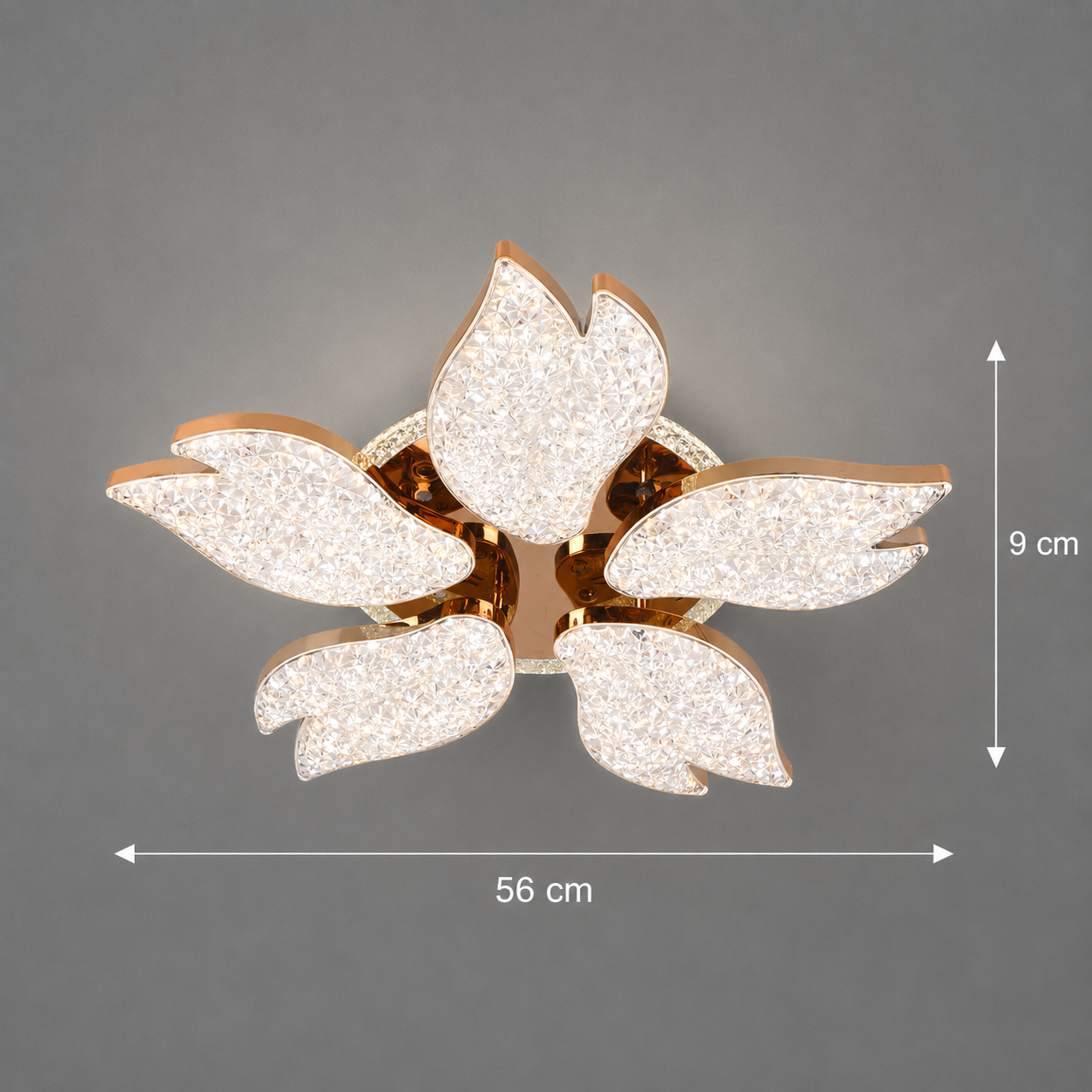 Lustra LED BLUME Magno cu telecomanda si cristal, 79W, 5 Surse, Lumina Rece/Calda/Neutra, Dimabila, Auriu