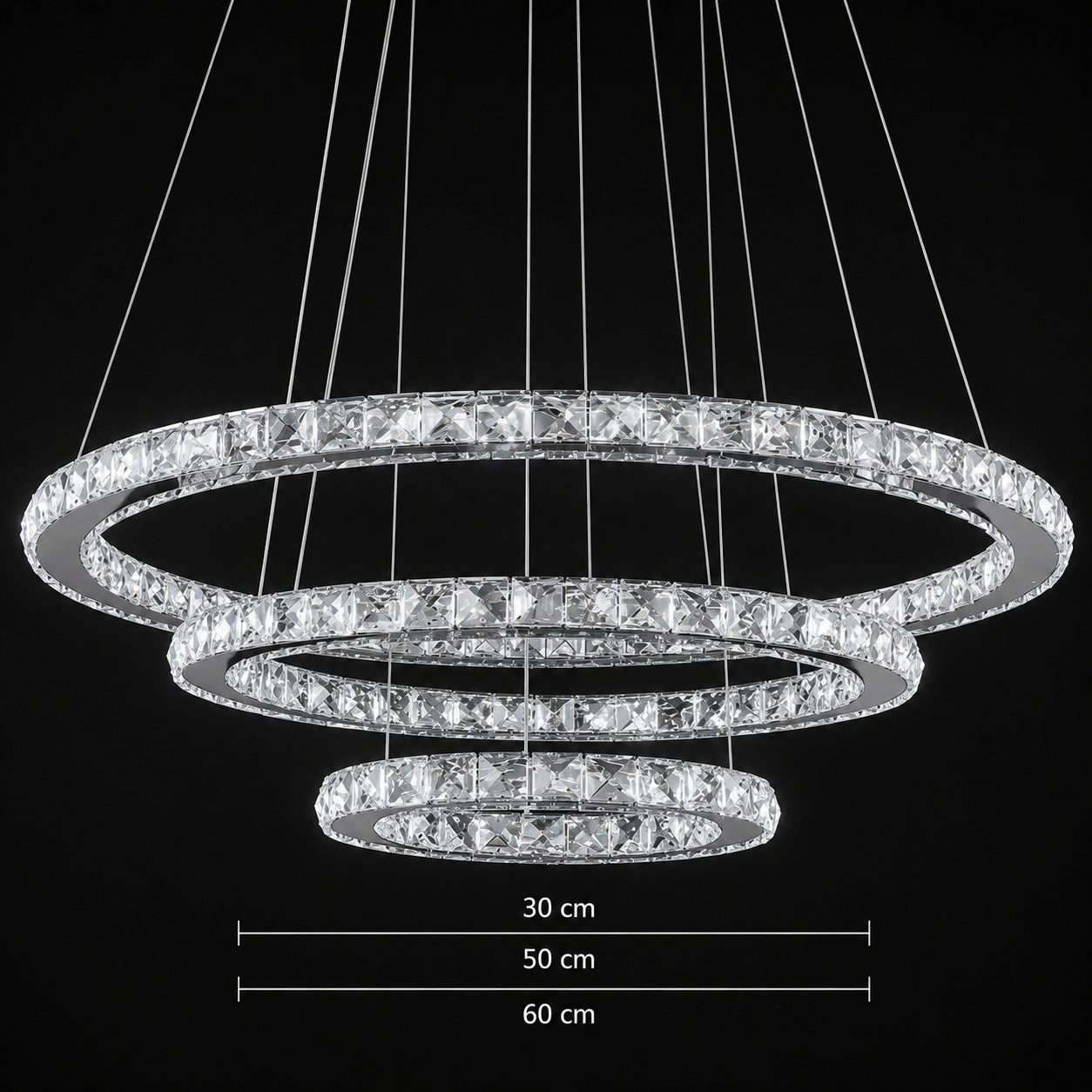 Lustra LED suspendata cu telecomanda si cristal PRISM LUMINIS 79W, 3 Cercuri, lumina Rece/Calda/Neutra, Dimabila, Crom, Inaltime Reglabila