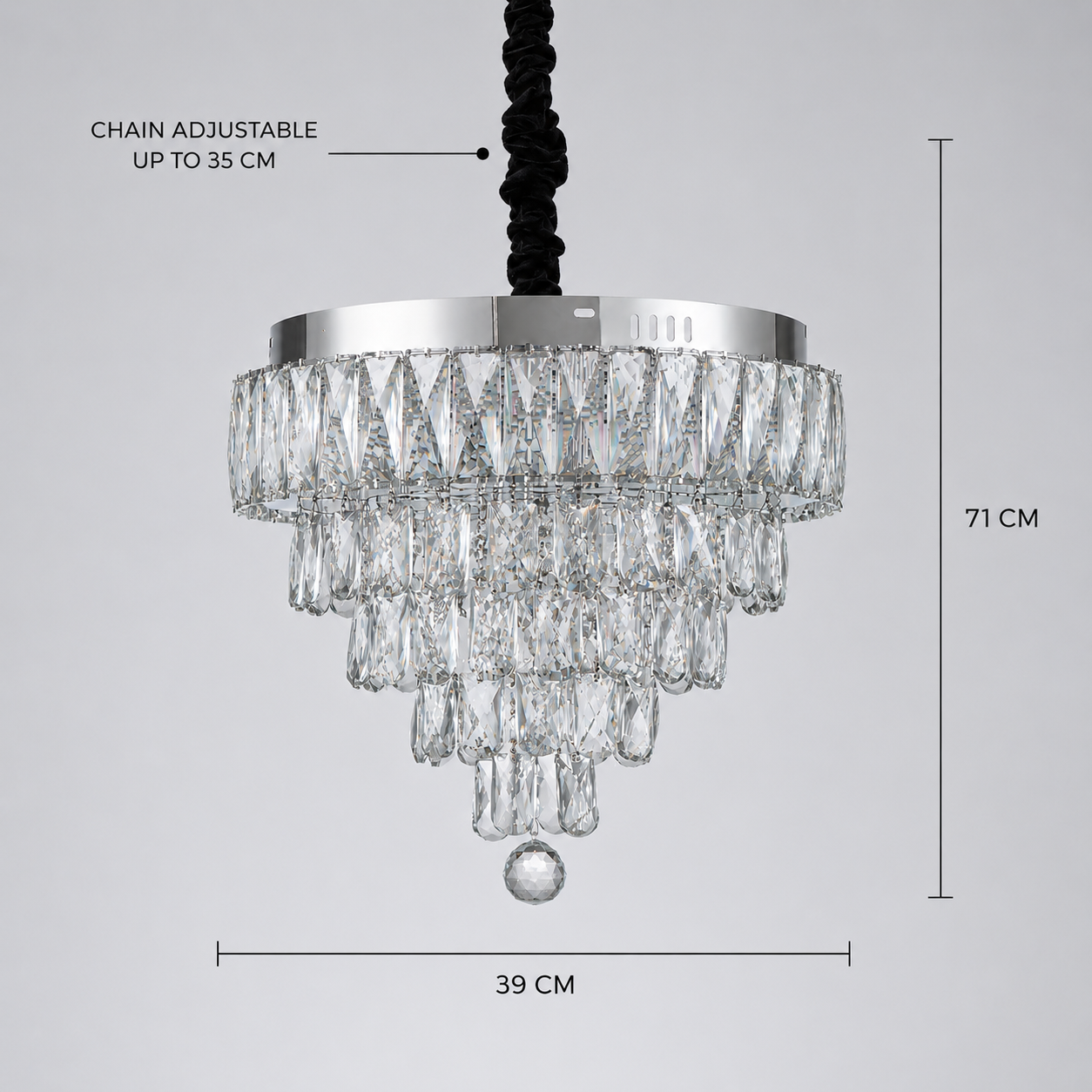Lustra LED Cristal RIGO cu telecomanda Nobile Diametru 39cm, Crom Lucios, Inaltime Reglabila, Metal si Cristal