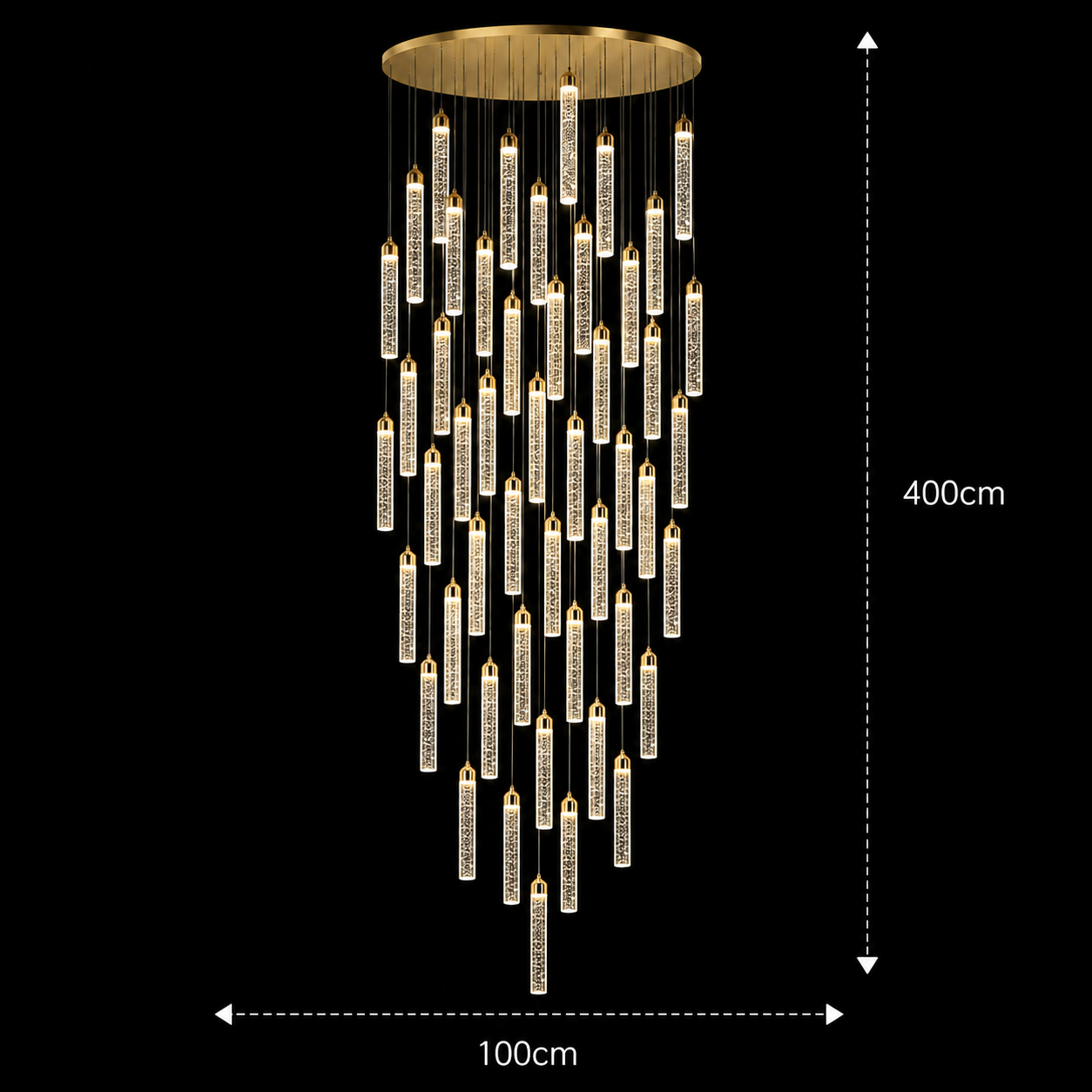 Candelabru Cristal LAGOM LED cu Telecomanda, Suspendat, 51 Surse, 153W, Lumina Calda/Neutra/Rece, Diametru 100cm, Inaltime Reglabila, Auriu, Metal si Cristal