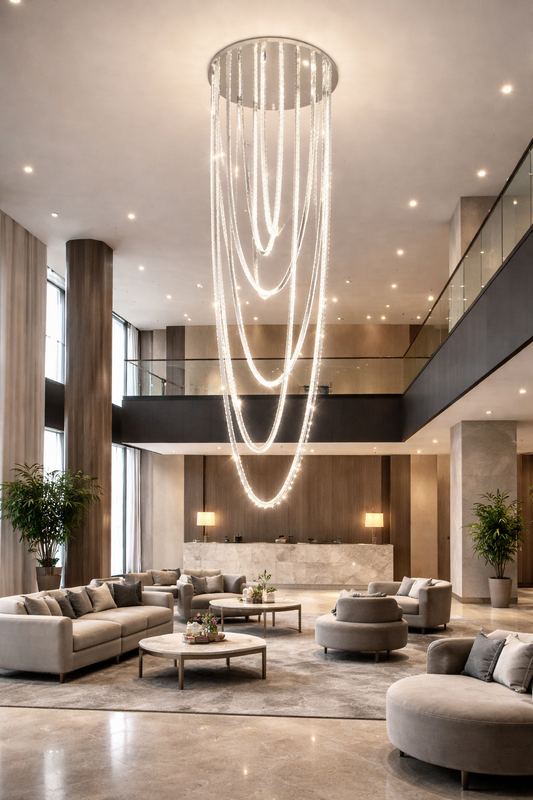 Candelabru LED cu Telecomanda, VEIL, Diametru 80 cm, Inaltime 200 cm,  Lumina Rece/Neutra/Calda, Dimabila, Argintiu, Cristal, Metal