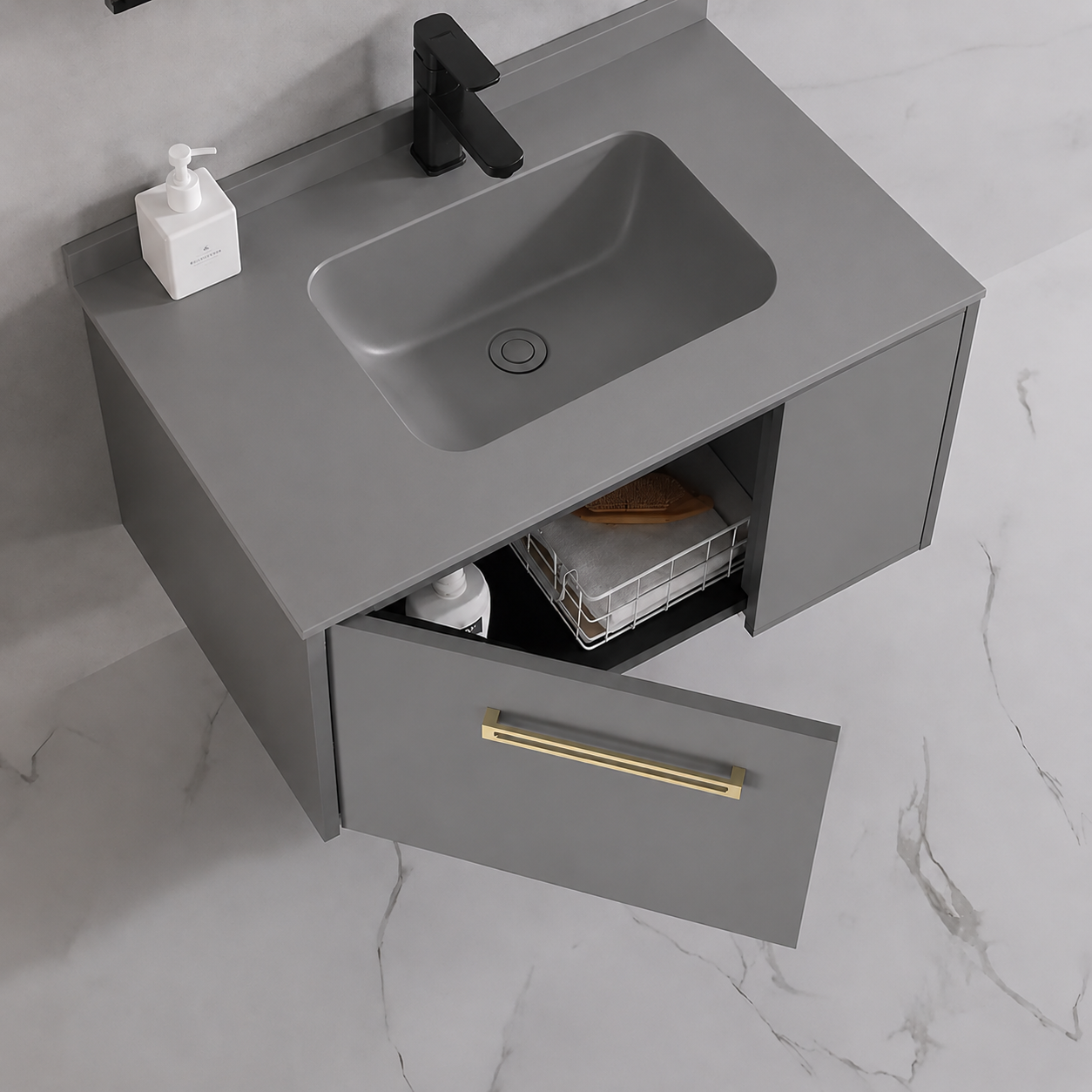 Set Mobilier NOVA pentru Baie, Dulap Lavoar + Dulap Oglinda 60cm, 2 Piese, Gri