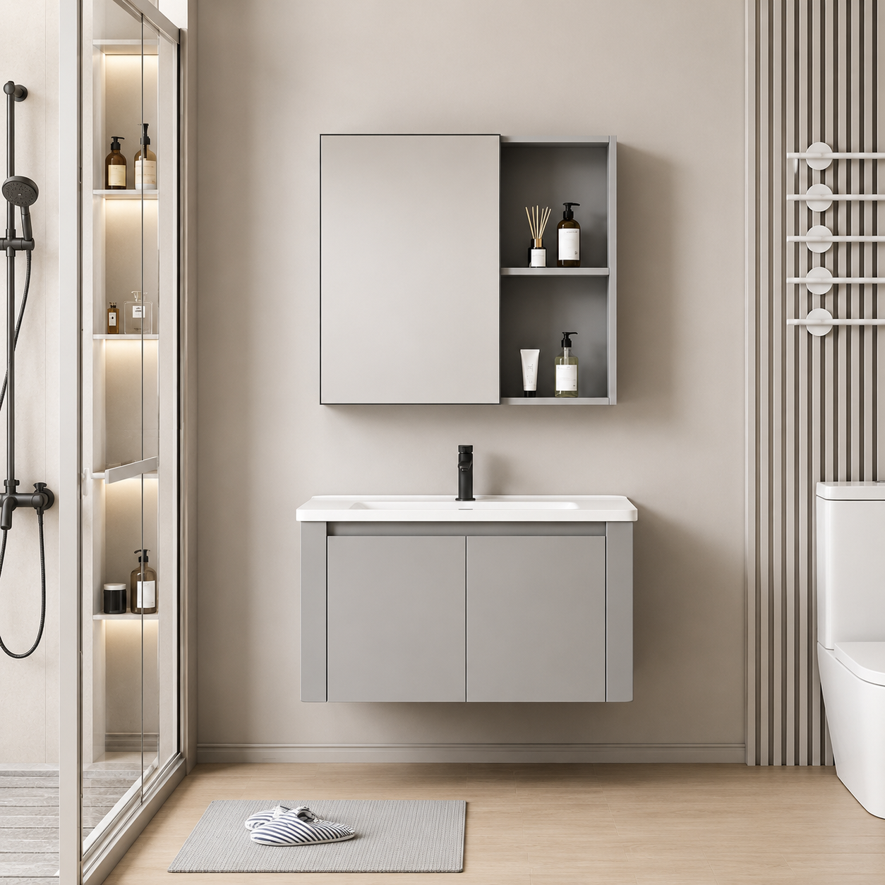 Set Mobilier TIVOLI pentru Baie ,Dulap Lavoar+Dulap Oglinda 80cm, 2 Piese, Gri si Alb