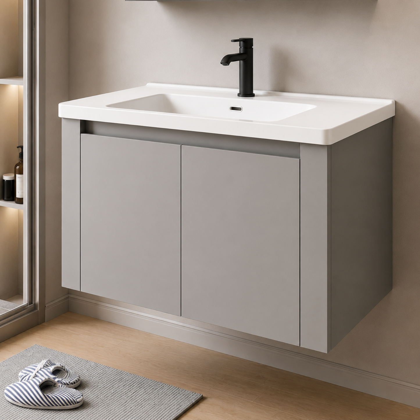 Set Mobilier TIVOLI pentru Baie ,Dulap Lavoar+Dulap Oglinda 80cm, 2 Piese, Gri si Alb