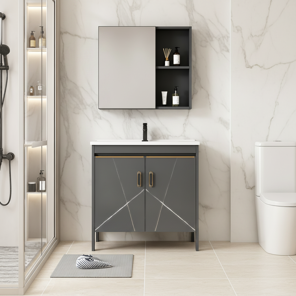 Set Mobilier SIENA pentru Baie ,Dulap Lavoar+Dulap Oglinda 100cm, 2 Piese, Gri si Negru