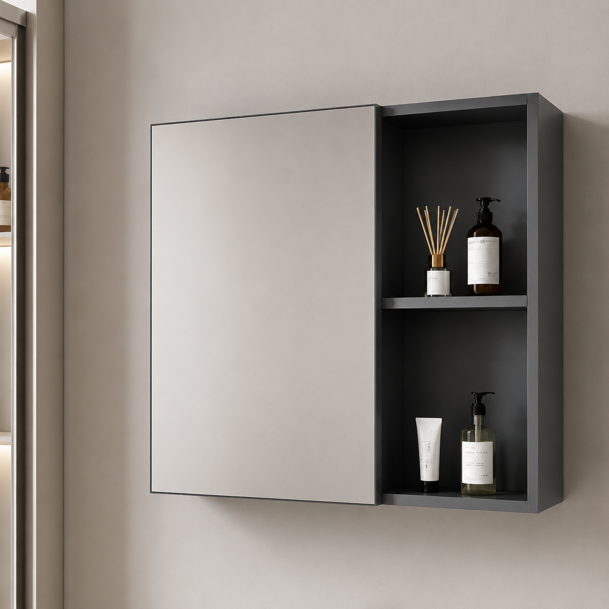 Set Mobilier SIENA pentru Baie ,Dulap Lavoar+Dulap Oglinda 80cm, 2 Piese, Gri si Alb