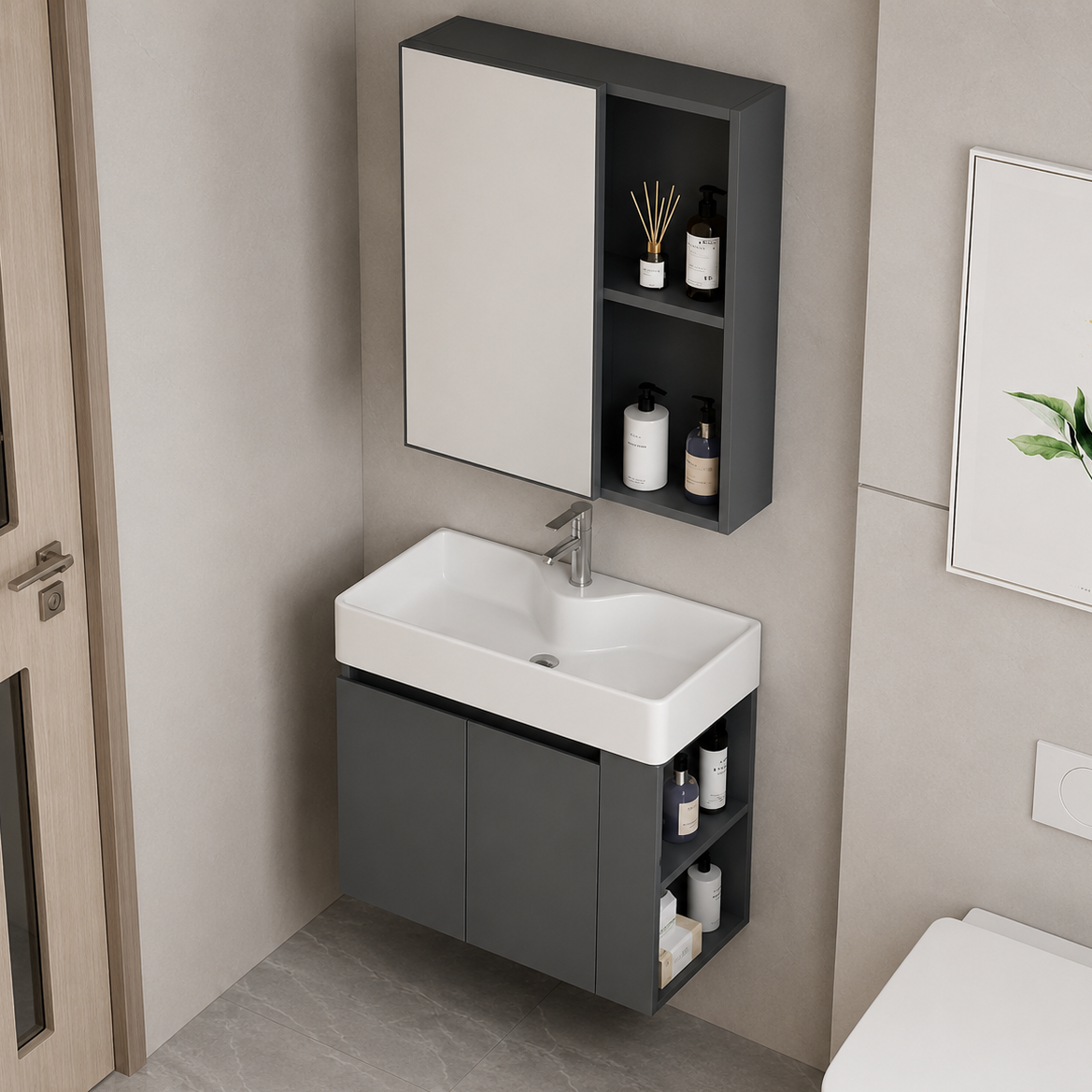 Set Mobilier SIENA pentru Baie ,Dulap Lavoar+Dulap Oglinda 60cm, 2 Piese, Gri si Alb