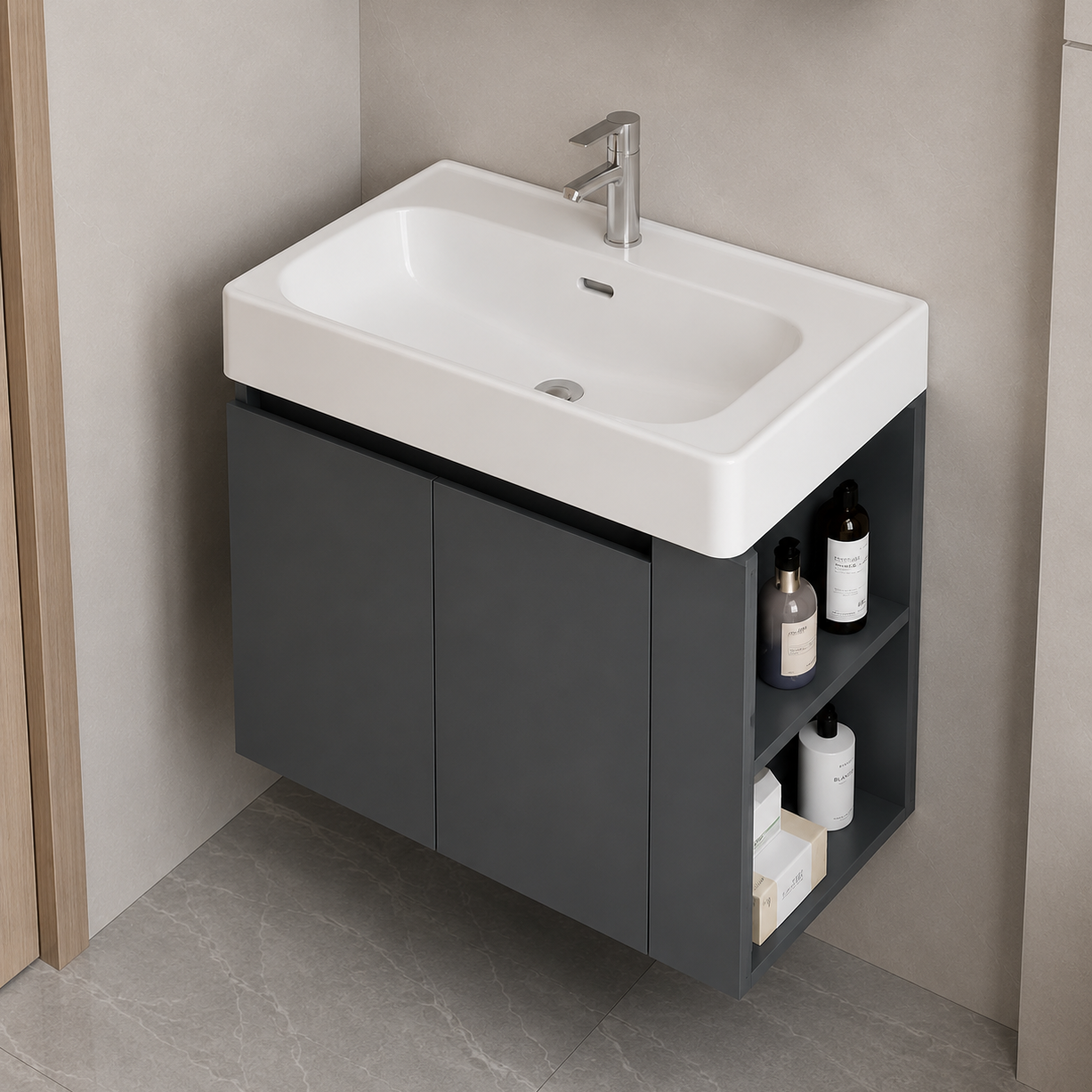 Set Mobilier SIENA pentru Baie ,Dulap Lavoar+Dulap Oglinda 60cm, 2 Piese, Gri si Alb