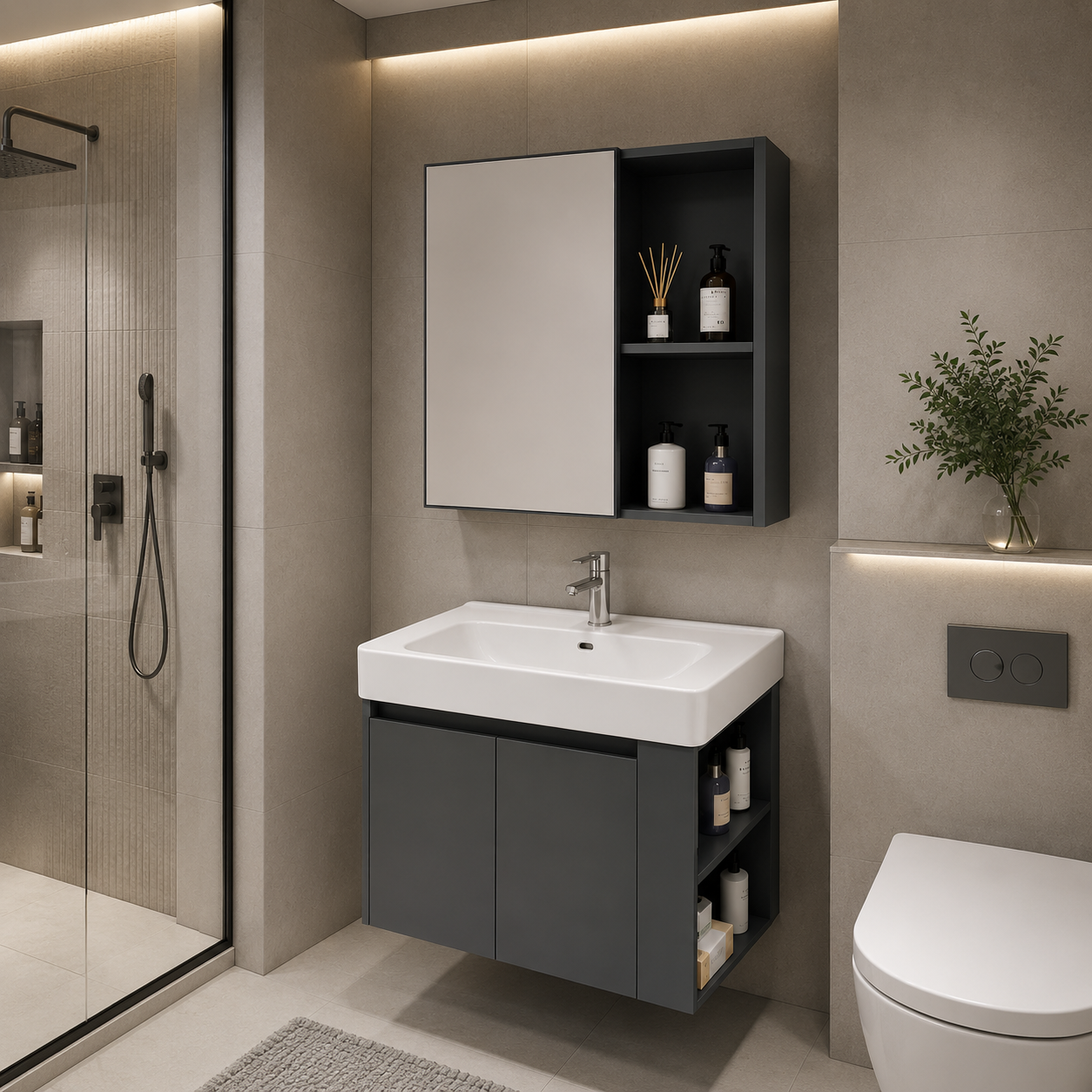 Set Mobilier SIENA pentru Baie ,Dulap Lavoar+Dulap Oglinda 60cm, 2 Piese, Gri si Alb