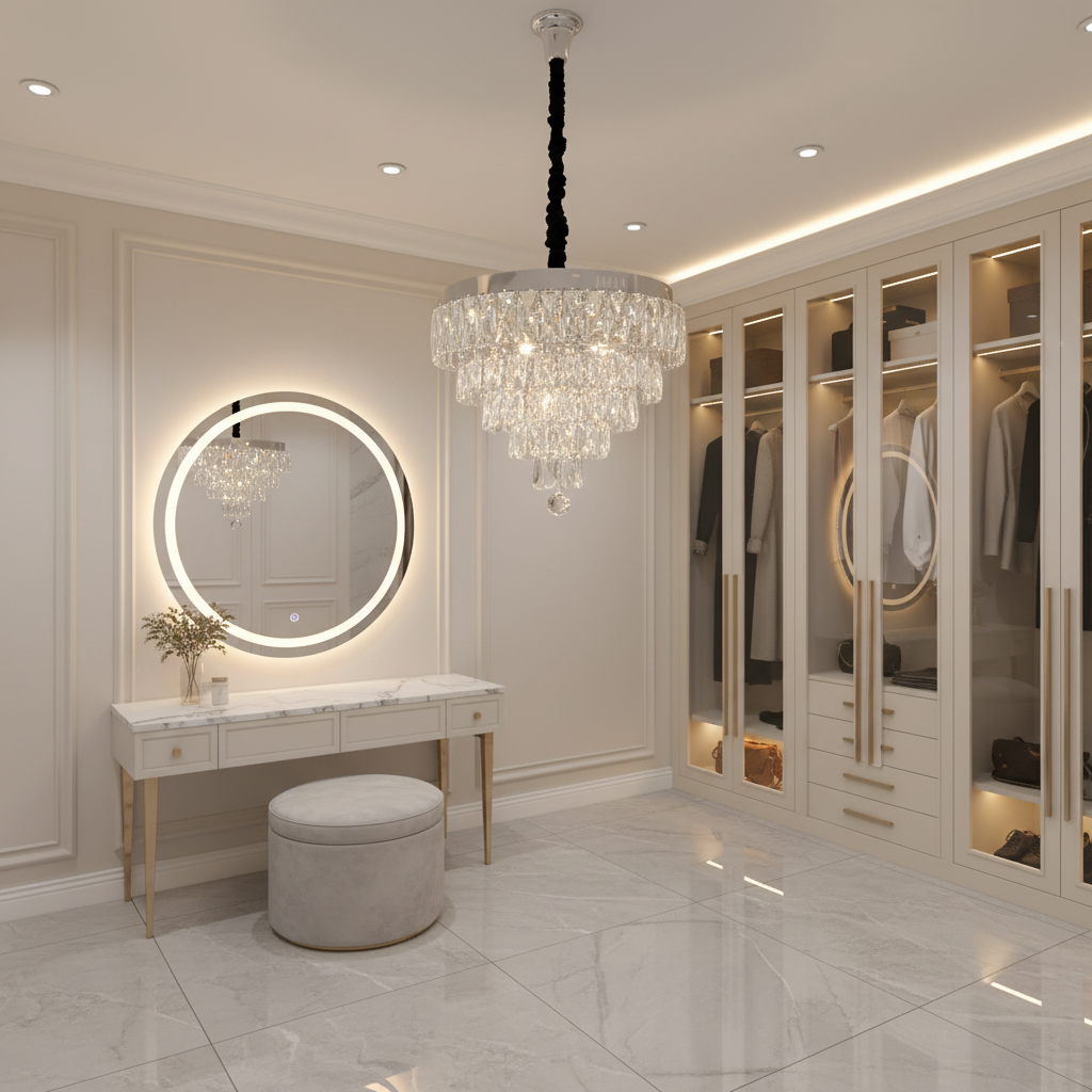 Lustra LED Cristal RIGO cu telecomanda Petito Diametru 30cm, Crom Lucios, Inaltime Reglabila, Metal si Cristal