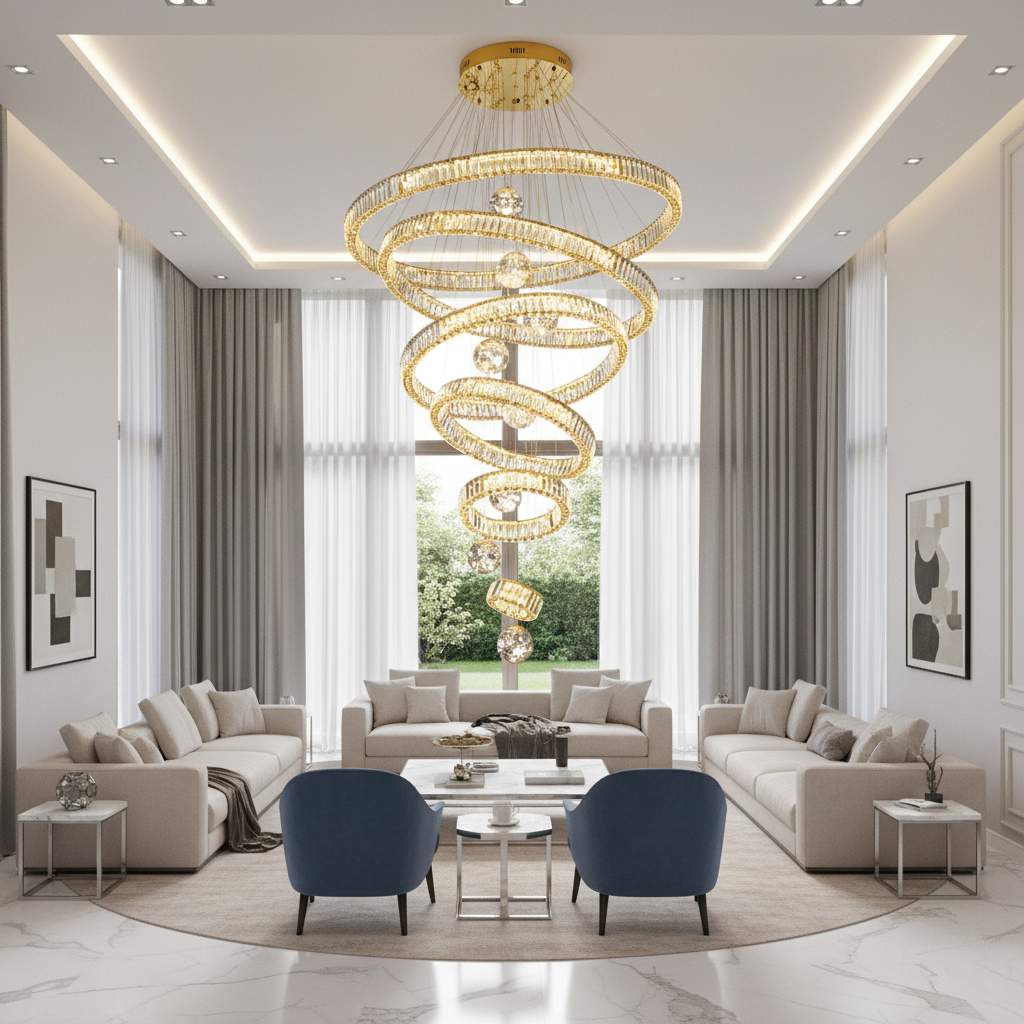 Candelabru Cristal cu Telecomanda KOLO Supremo, 120x350cm, Lumina Calda/Neutra/Rece, Auriu, Metal si Cristal