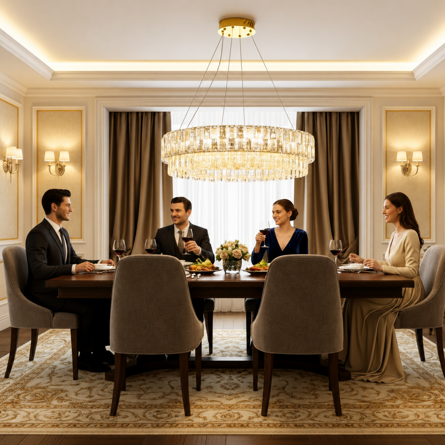 Candelabru Cristal ELYSIAN Magno 9xE14, D60 cm, Auriu, Inaltime Reglabila, Metal si Cristal