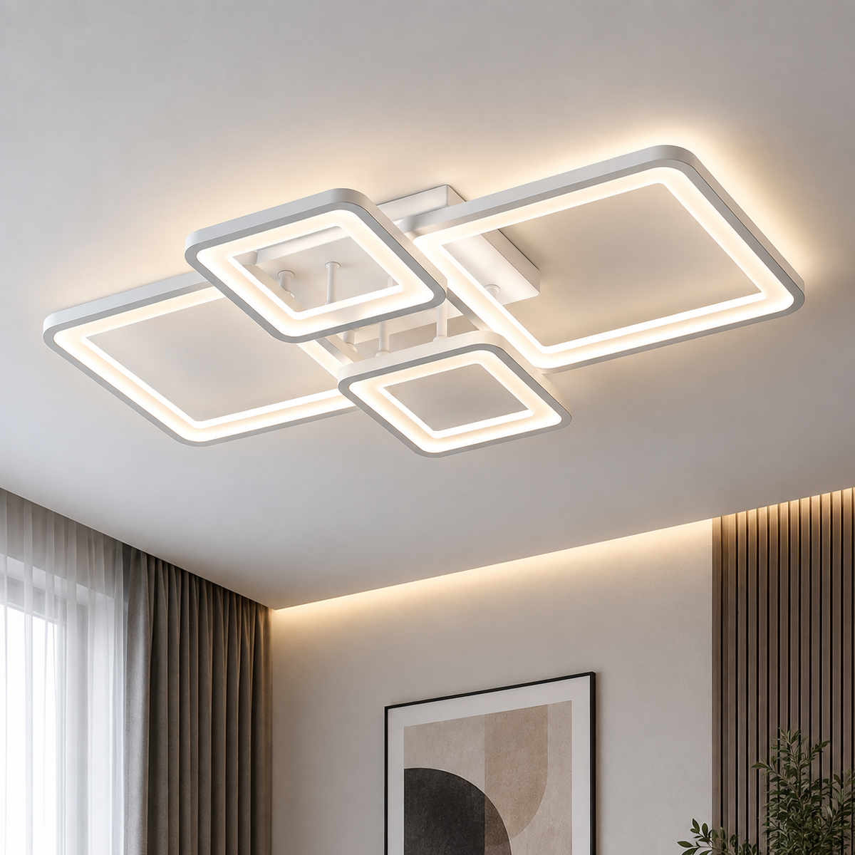 Lustra LED cu telecomanda ELLA 67W, 4 Patrate, lumina Rece/Calda/Neutra, Dimabila, Alb, Metal si Acril
