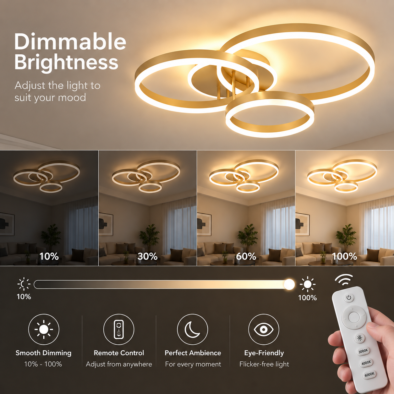 Lustra LED cu telecomanda RIGA LILITH 68W, 3 Cercuri, lumina Rece/Calda/Neutra, Dimabila, Auriu Lucios