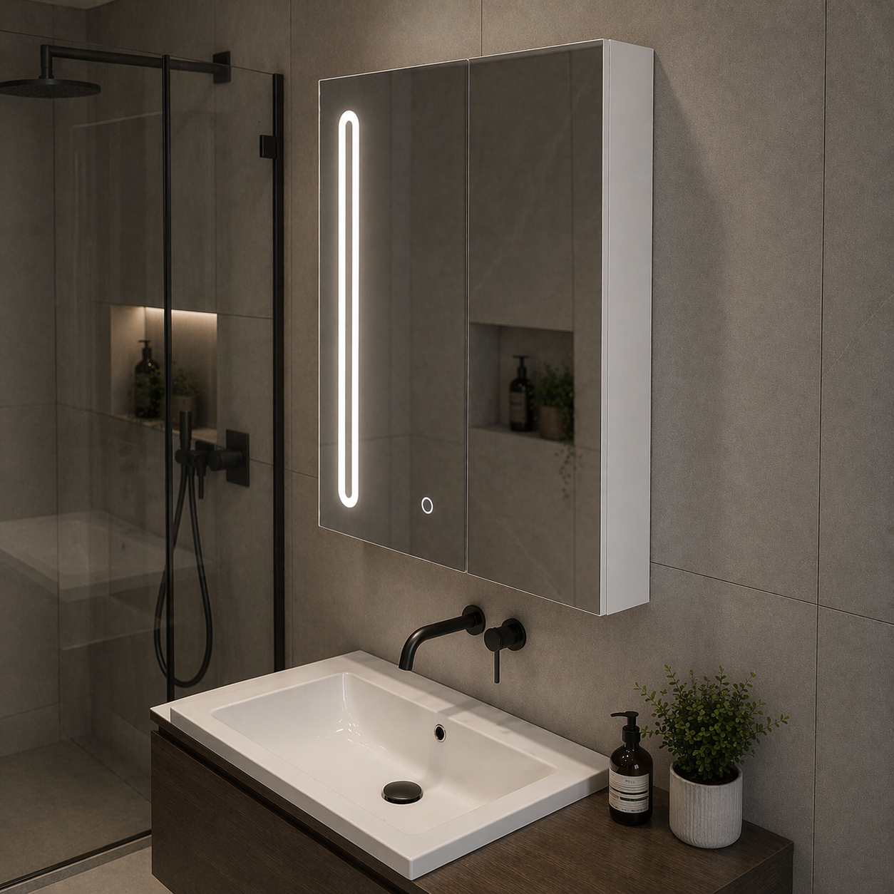 Oglinda LED cu Dulap PLANO 80x70 cm Alb Senzor Touch si Depozitare Oglinzi Dulap Default Title Alessandro Design