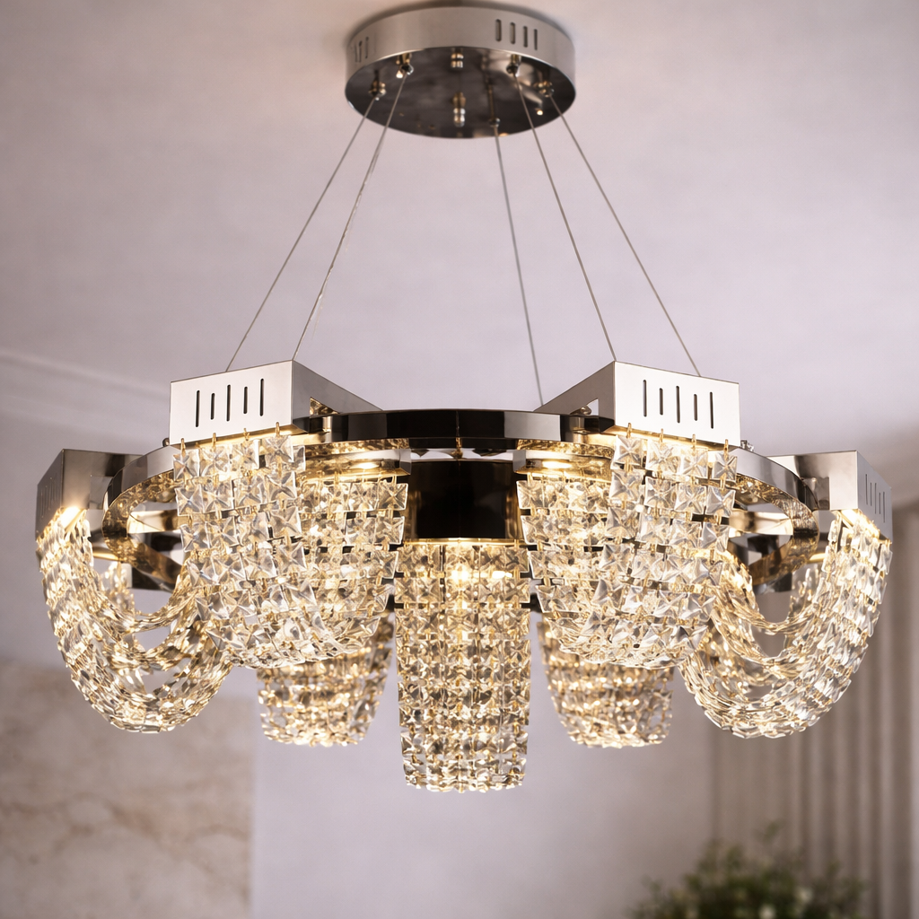 Candelabru Cristal LED 24W, STRATUS Regalis, Diametru 80cm, Crom Lucios, Inaltime Reglabila, Lumina Calda Neutra Rece 3000K/4000K/6000K, Metal si Cristal