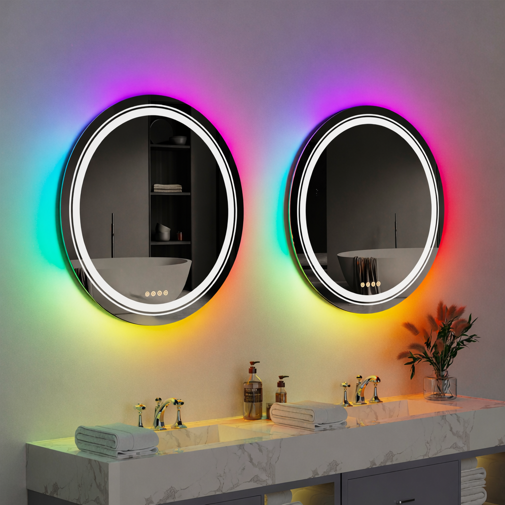 Oglinda LED Rotunda, 60cm, Celeste MotionGlow Marcello, Lumina RGB, Boxa Bluetooth, Sistem Dezaburire, Ceas & Termometru, Dimabila 60X60BTRGB