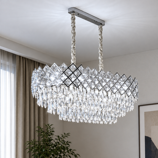 Candelabru Cristal VECTORIA Supremo, 10xE14, Diametru 75x39cm, Crom Lucios, Inaltime Reglabila, Metal si Cristal