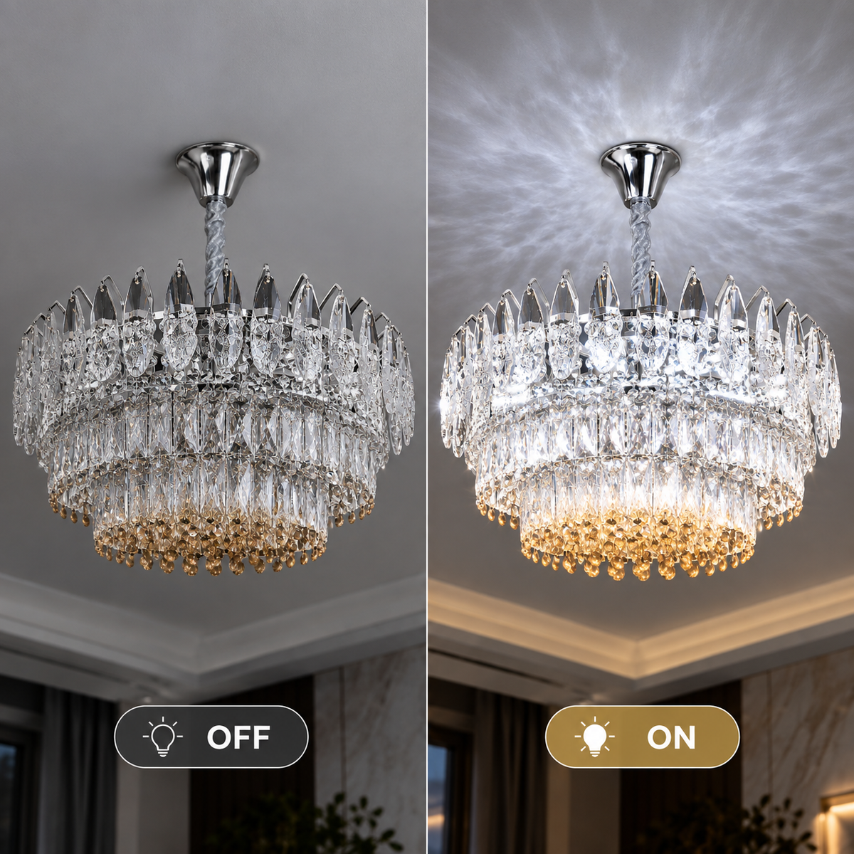 Candelabru Cristal MAJESTIC Magno 15x E14, Diametru 60cm, Crom Lucios, Inaltime Reglabila