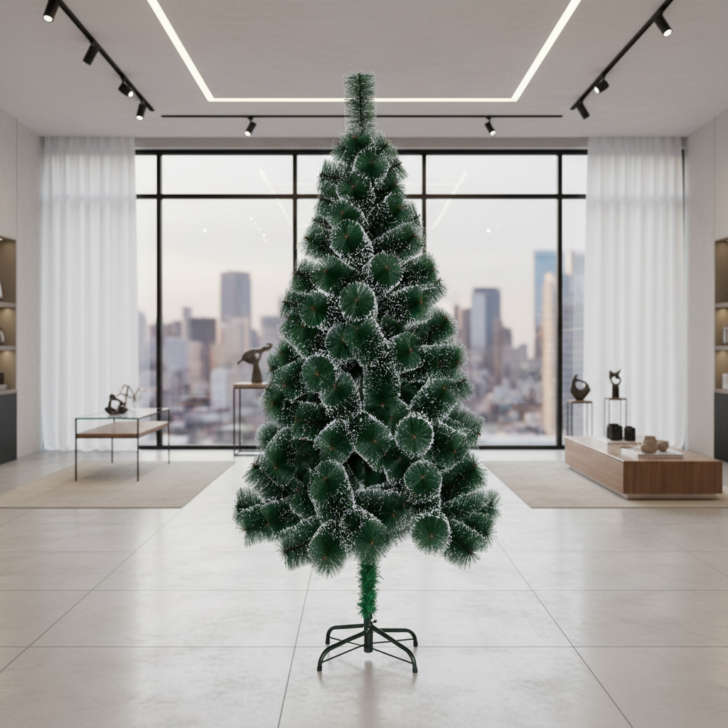 Decorațiune Brad Artificial MANIITSOQ, 210 cm, 280 vârfuri, Suport Metalic, Plastic, Ace Verzi cu Vârfuri Albe