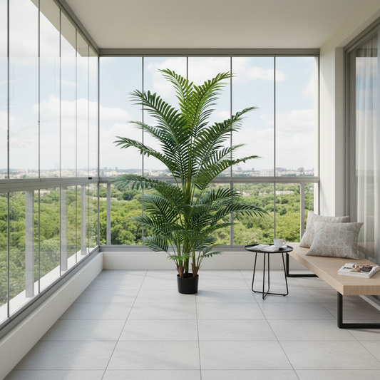 Copac Artificial Tip Palmier Kentia, 3 tulpini, 17 frunze, 220 cm, Verde