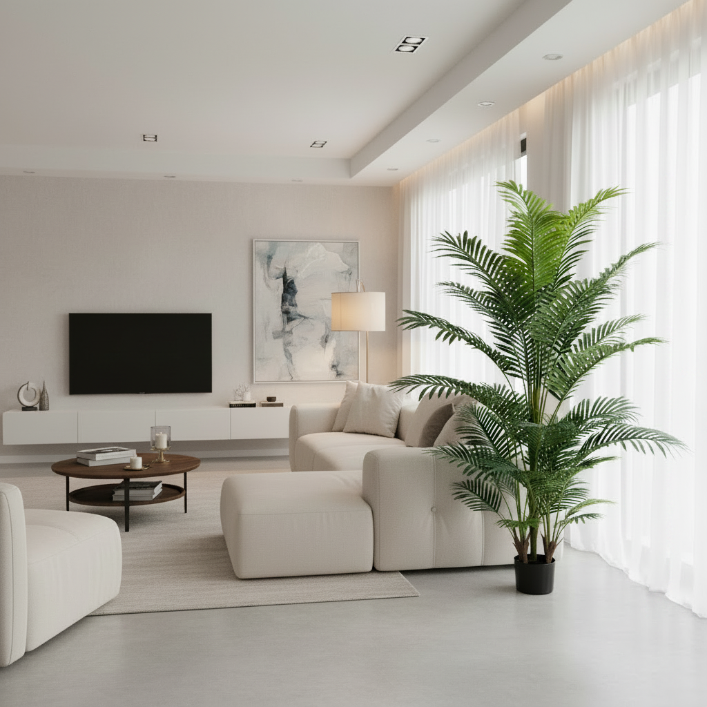 Decorațiune Palmier Kentia, 3 tulpini, Plastic, 17 frunze, 220 cm, Verde